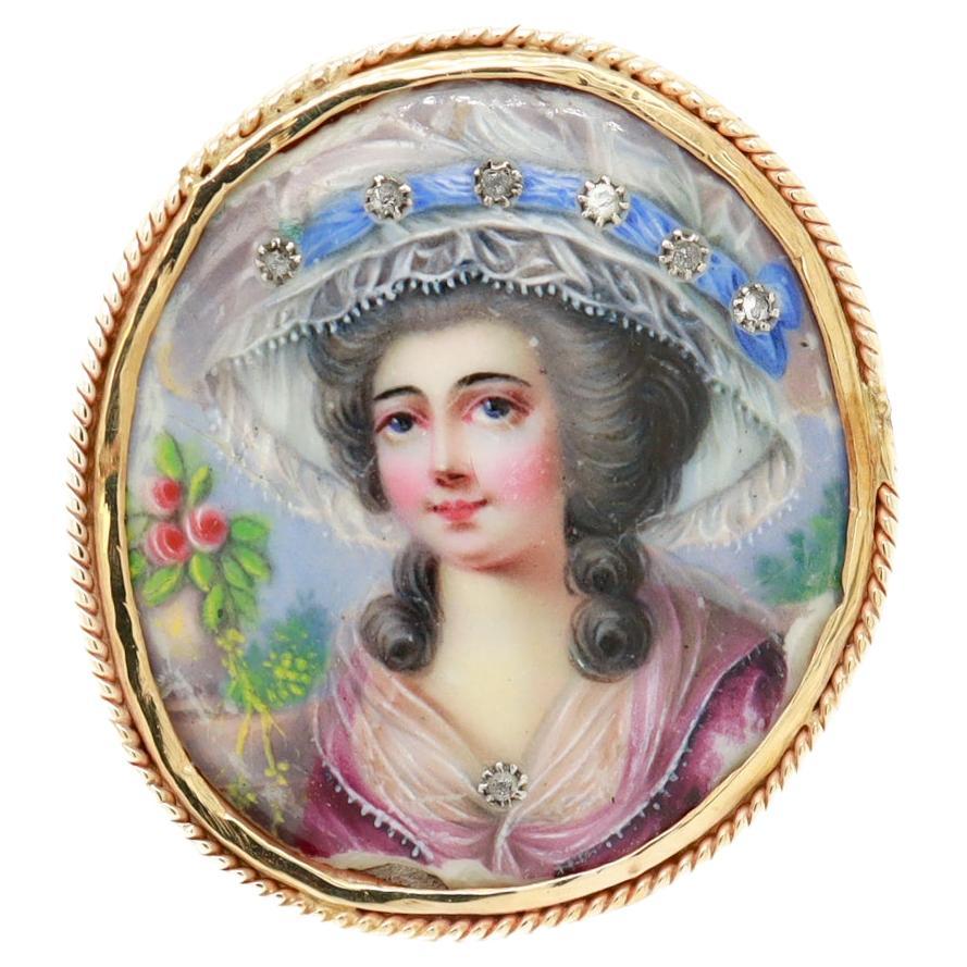 Antiguo broche victoriano de oro de 14 quilates, diamantes y porcelana
