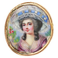 Antiguo broche victoriano de oro de 14 quilates, diamantes y porcelana