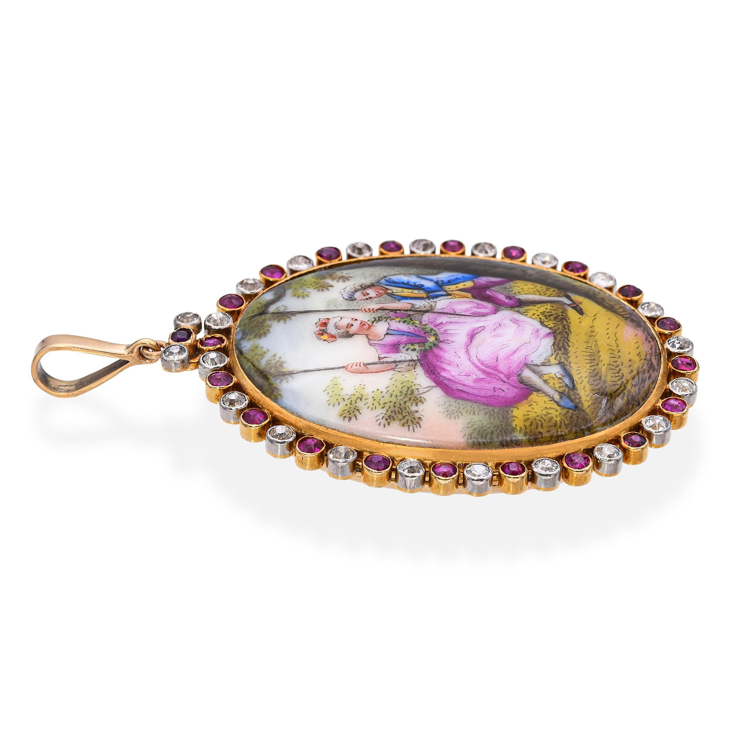 Pendentif miniature en or 14k avec diamant et rubis, de style victorien ancien Pour femmes en vente