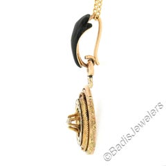 Antique Victorian 14K Gold Diamond Black Enamel Twisted Wire Pendant & 18" Chain