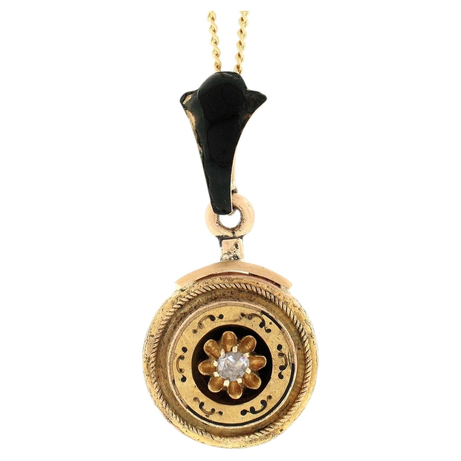 Antique Victorian 14K Gold Diamond Black Enamel Twisted Wire Pendant & 18" Chain