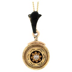 Antique Victorian 14K Gold Diamond Black Enamel Twisted Wire Pendant & 18" Chain