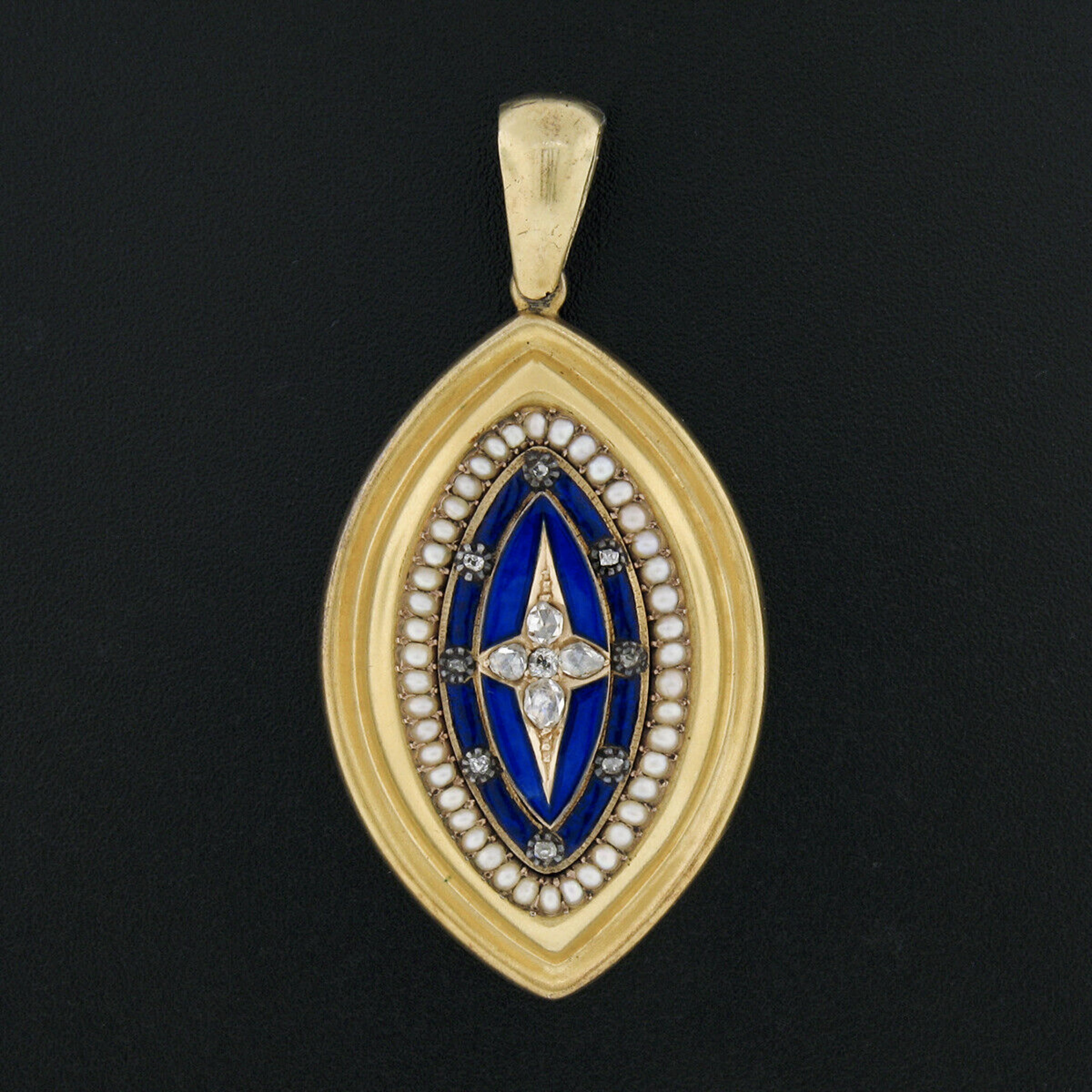 Round Cut Antique Victorian 14k Gold Diamond Pearl Enamel Navette Mourning Locket Pendant For Sale