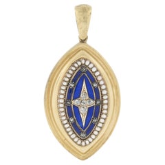 Antique Victorian 14k Gold Diamond Pearl Enamel Navette Mourning Locket Pendant
