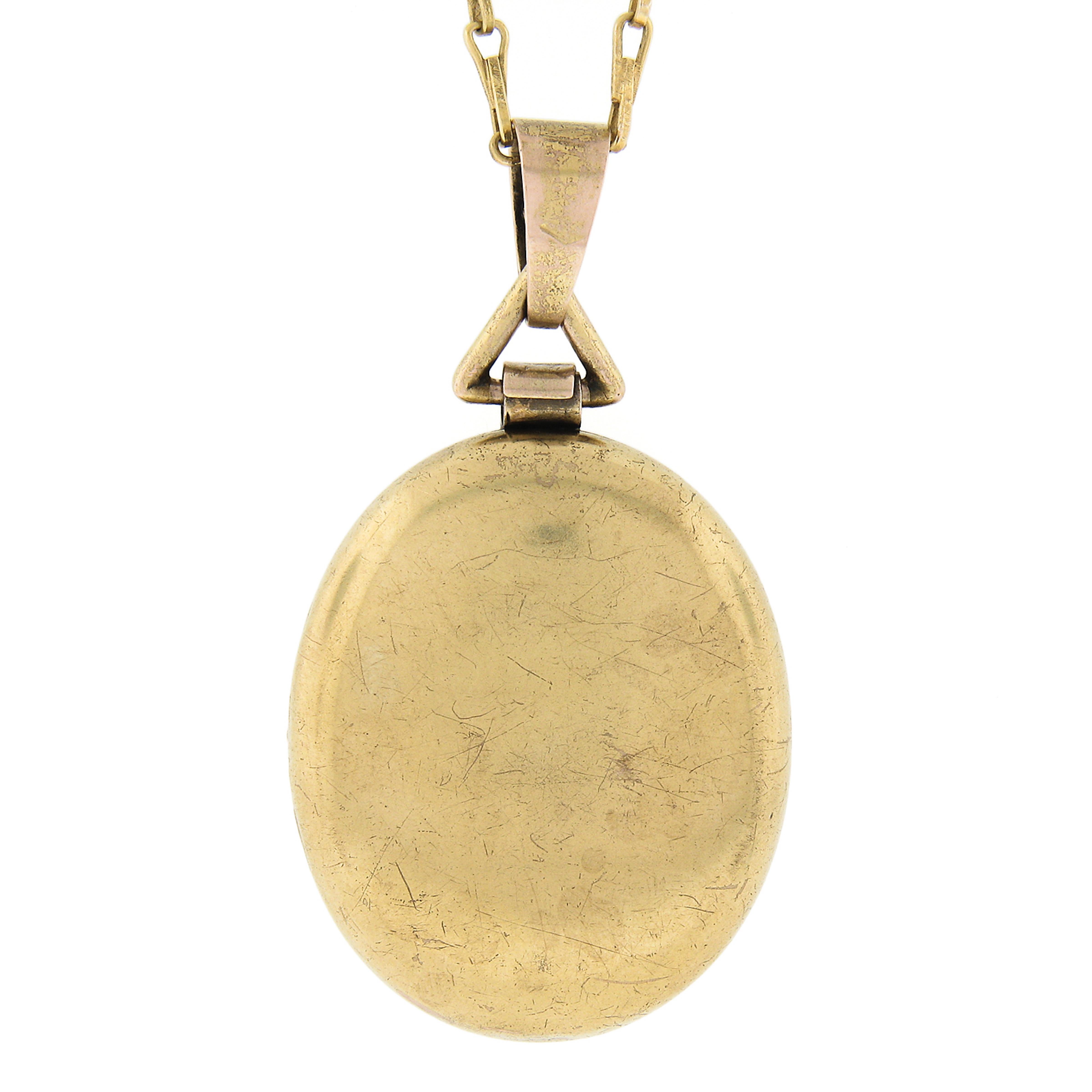 Antique Victorian 14k Gold Diamond & Pearl Locket Pendant & Fancy Link Chain For Sale 1