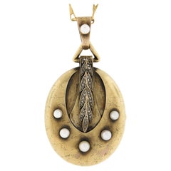 Antique Victorian 14k Gold Diamond & Pearl Locket Pendant & Fancy Link Chain
