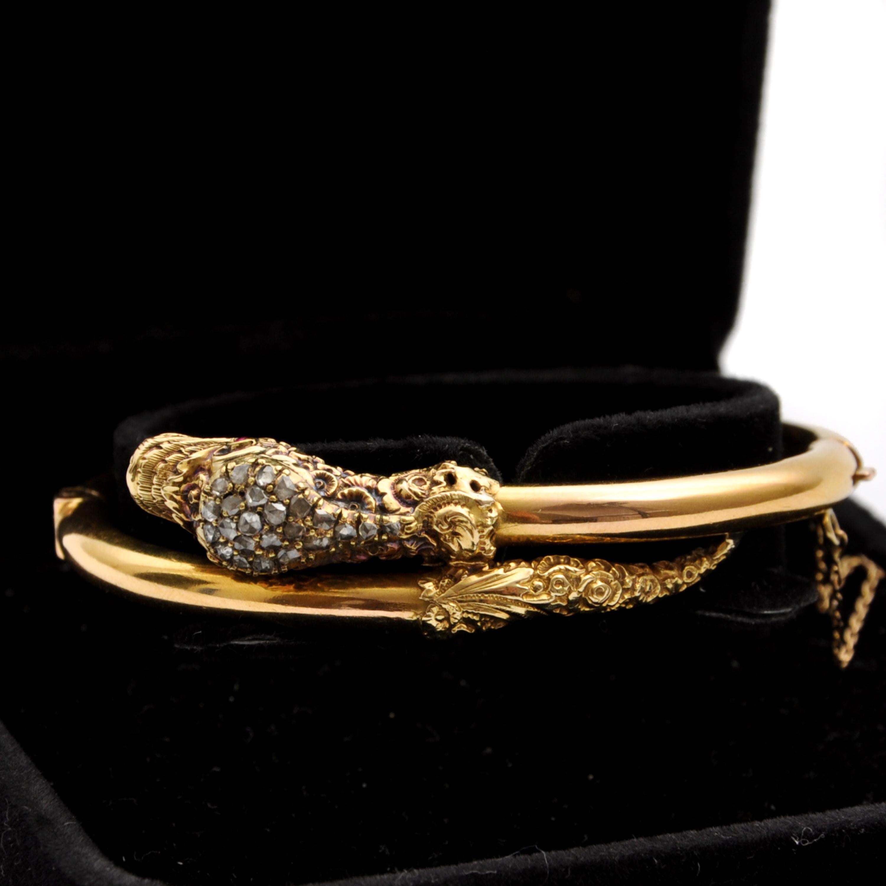 Antique Victorian 14K Gold Diamond Snake Bracelet For Sale 5