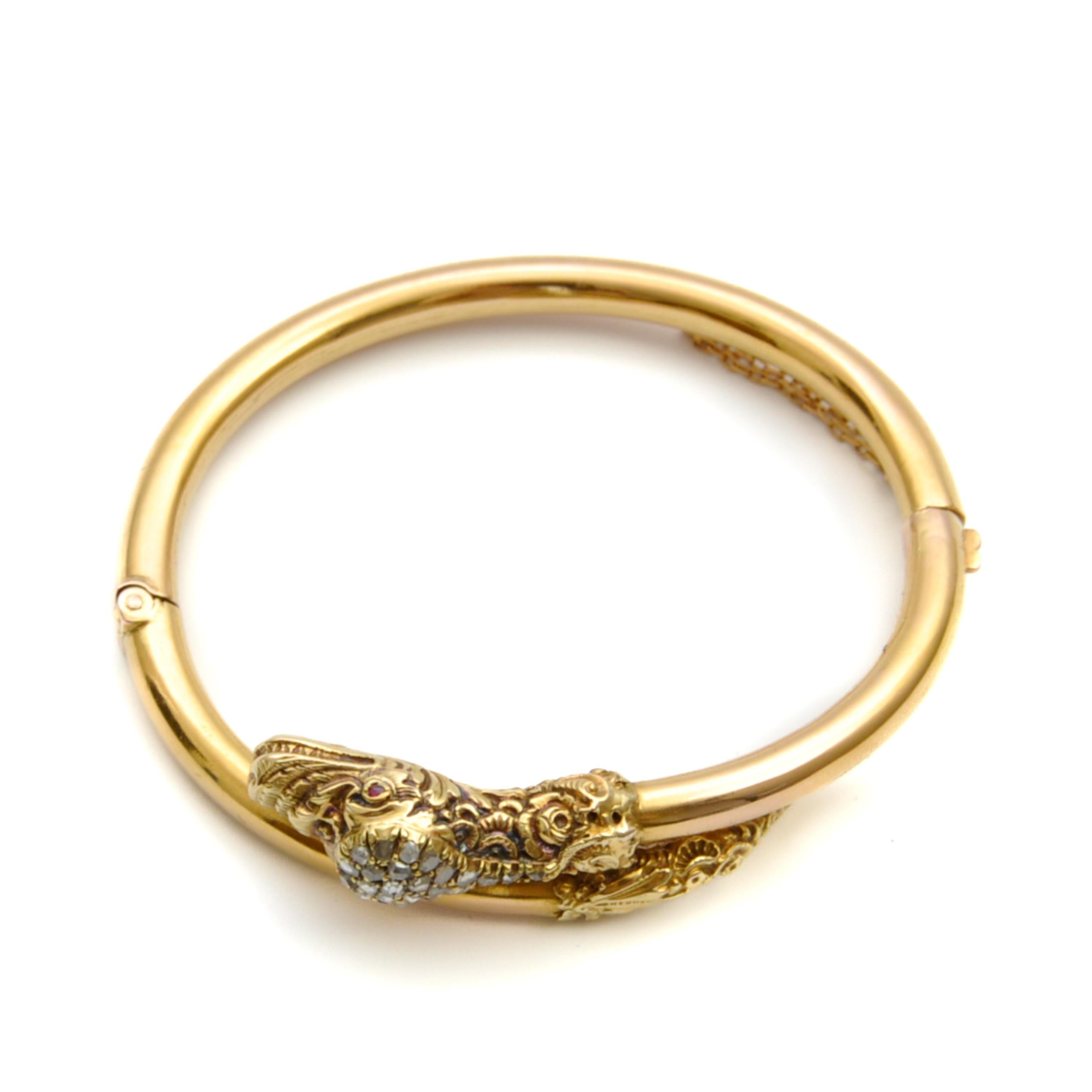 Old European Cut Antique Victorian 14K Gold Diamond Snake Bracelet For Sale