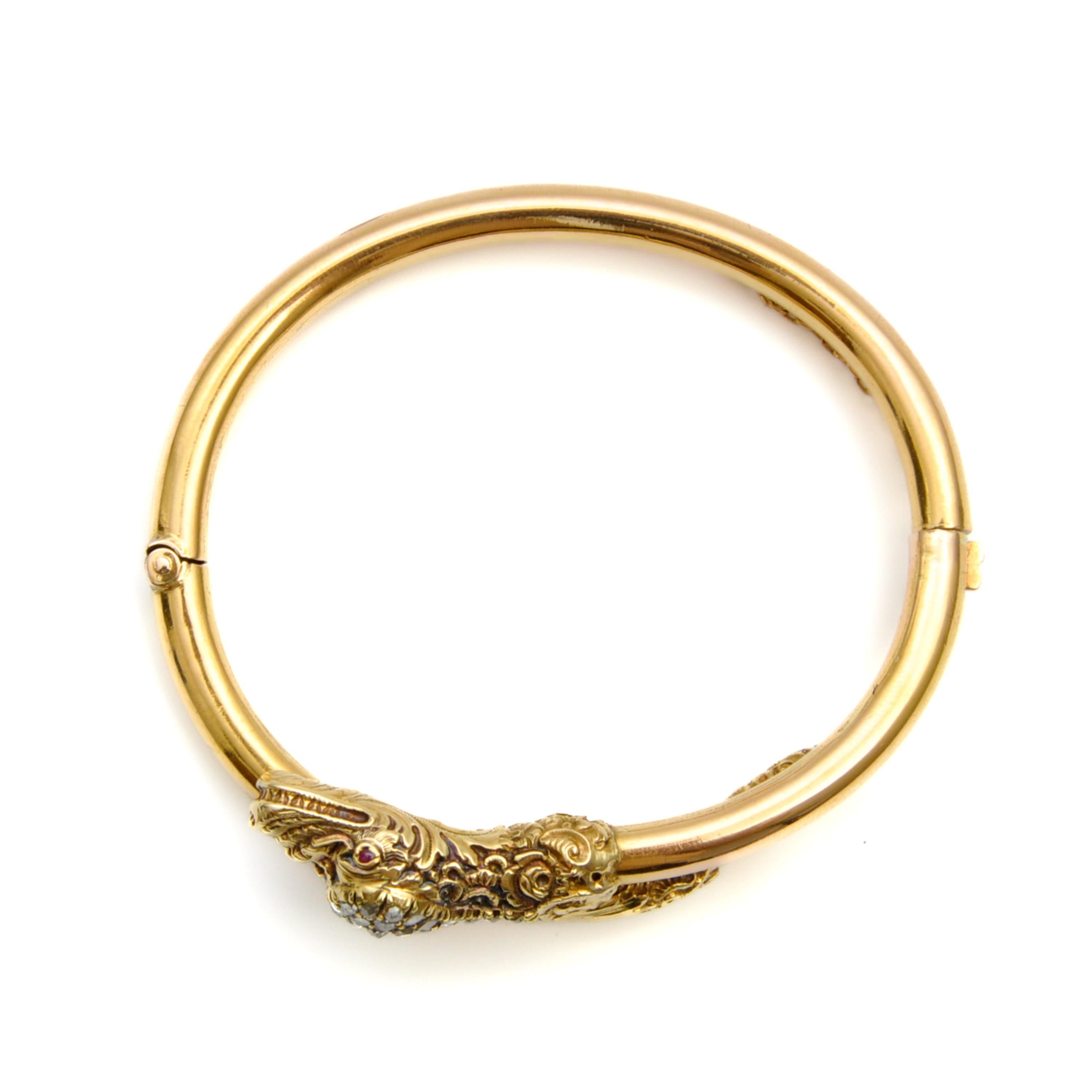 Antique Victorian 14K Gold Diamond Snake Bracelet For Sale 2