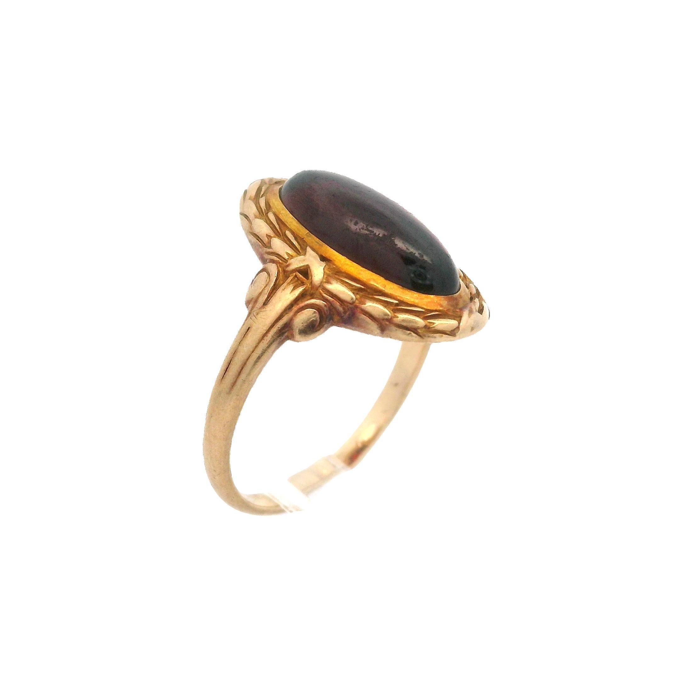 –Stone(s)–
(1) Natural Genuine Garnet - Elongated Oval Cabochon Cut - Bezel Set - Deep Red Color - 12.8x5.9mm (approx.)

Material: 14k Yellow Gold
Weight: 3.70 Grams
Ring Size: 5.5 ( fitted on finger, please contact us prior to purchase with sizing