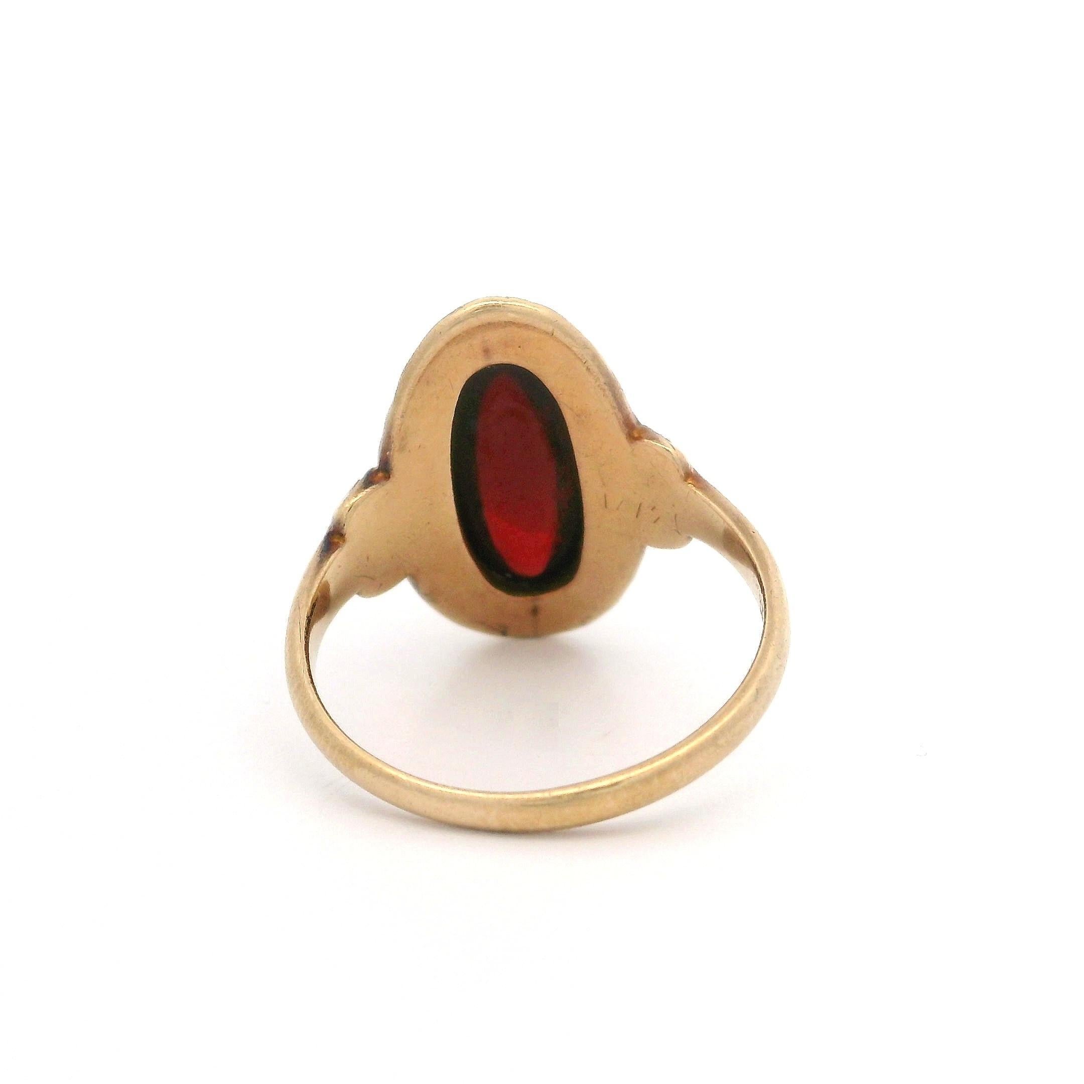 Antique Victorian 14k Gold Elongated Oval Garnet Floral Halo Scroll Sides Ring For Sale 1