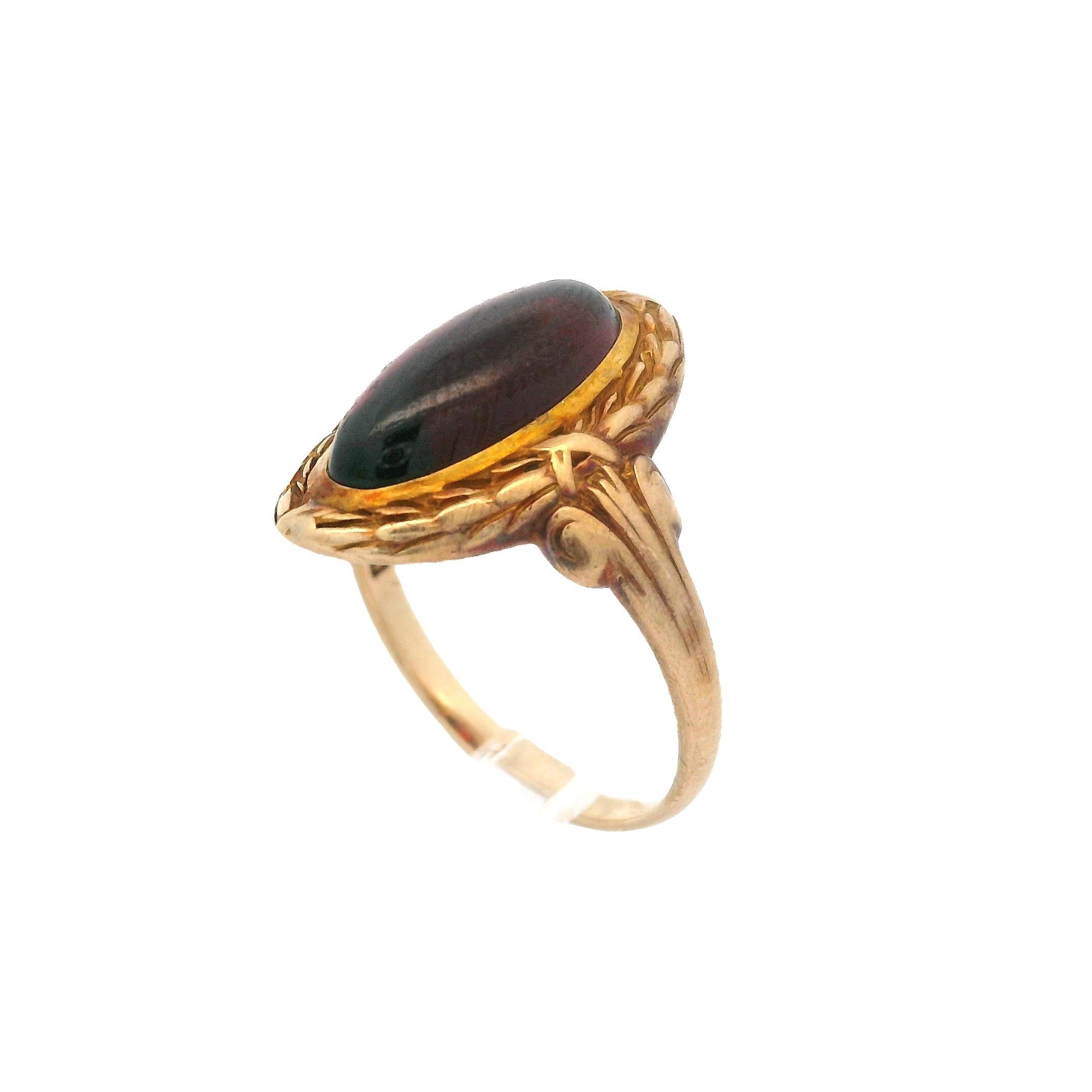 Antique Victorian 14k Gold Elongated Oval Garnet Floral Halo Scroll Sides Ring For Sale 3