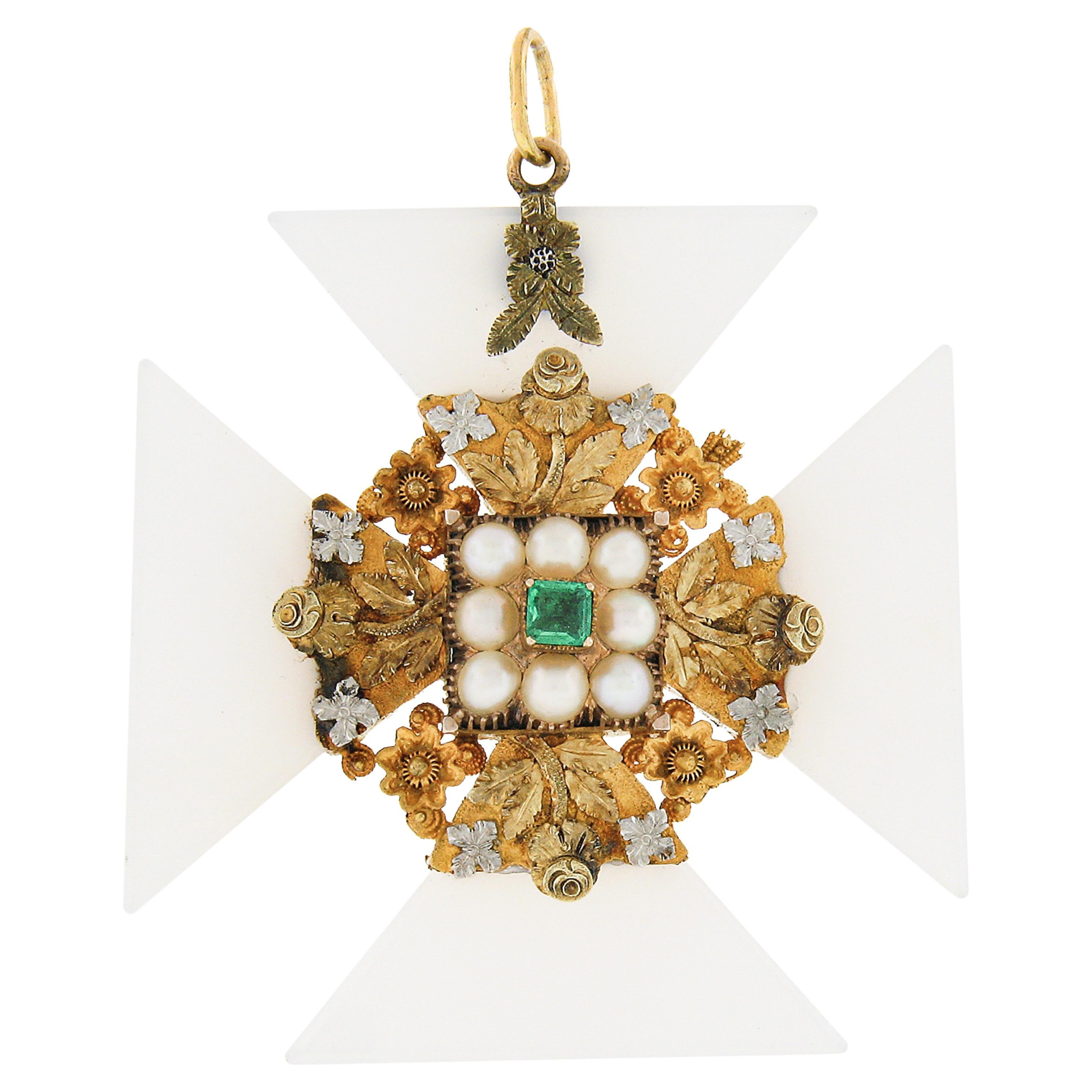 Antique Victorian 14k Gold Emerald Chalcedony Detailed Mourning Cross Pendant