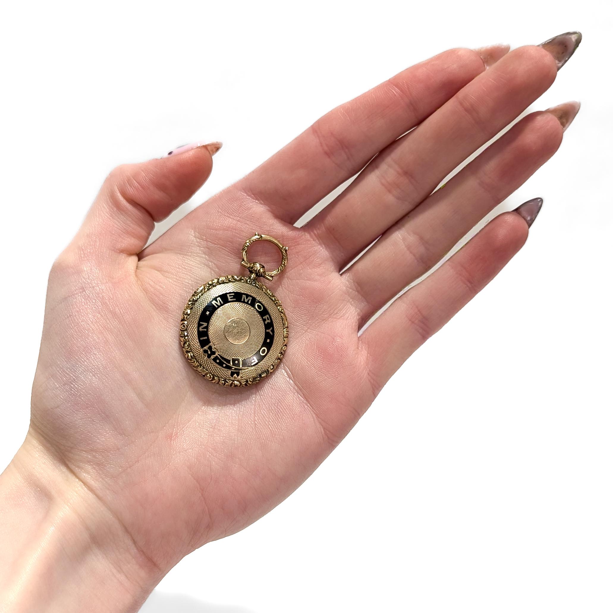 Women's Antique Victorian 14K Gold, Enamel, & Hair Art Mourning Locket Pendant For Sale