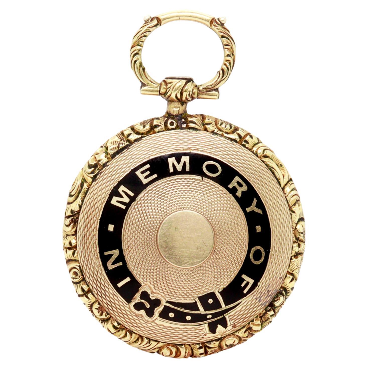 Antique Victorian 14K Gold, Enamel, & Hair Art Mourning Locket Pendant For Sale