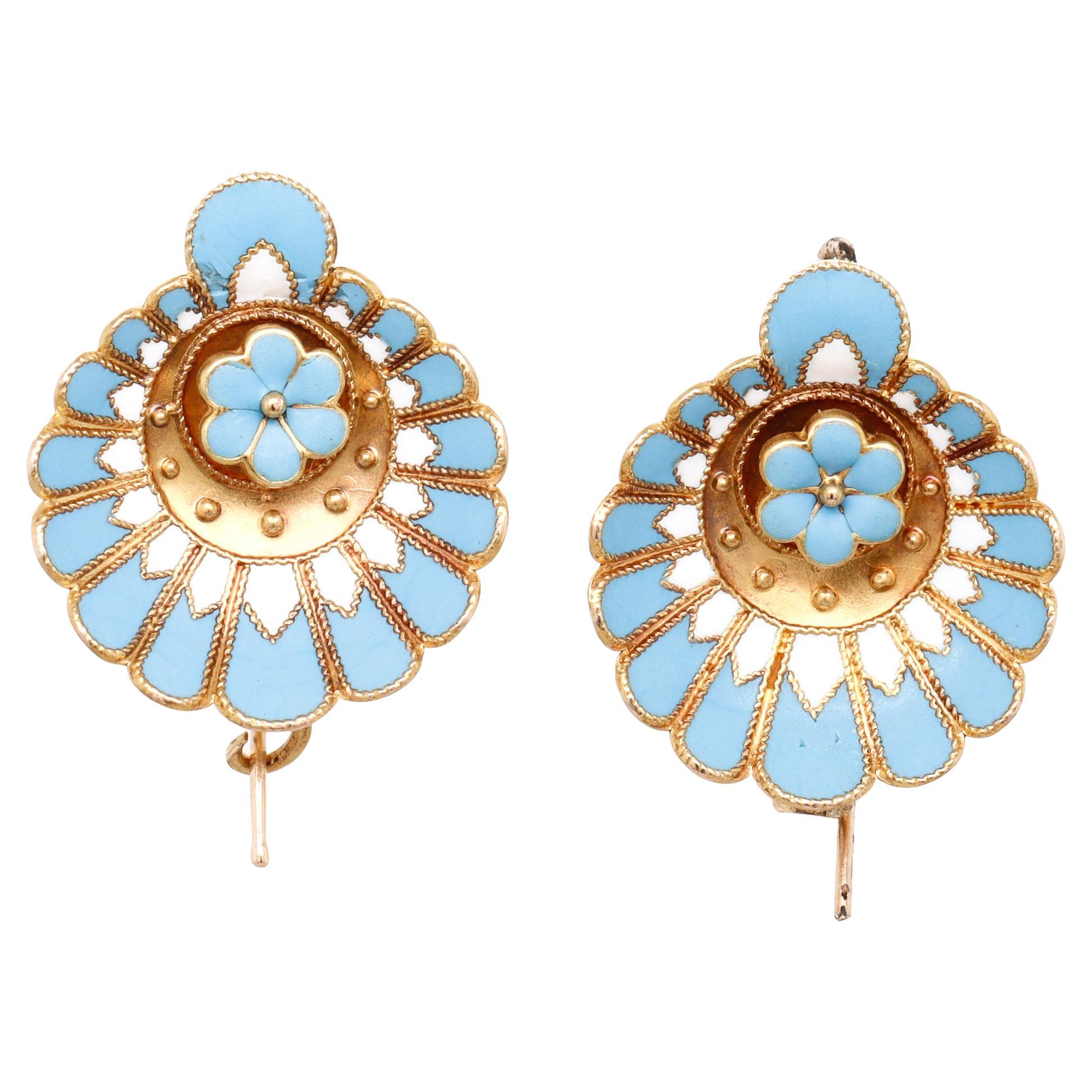 Antique Victorian 14K Gold & Enamel Shell Earrings