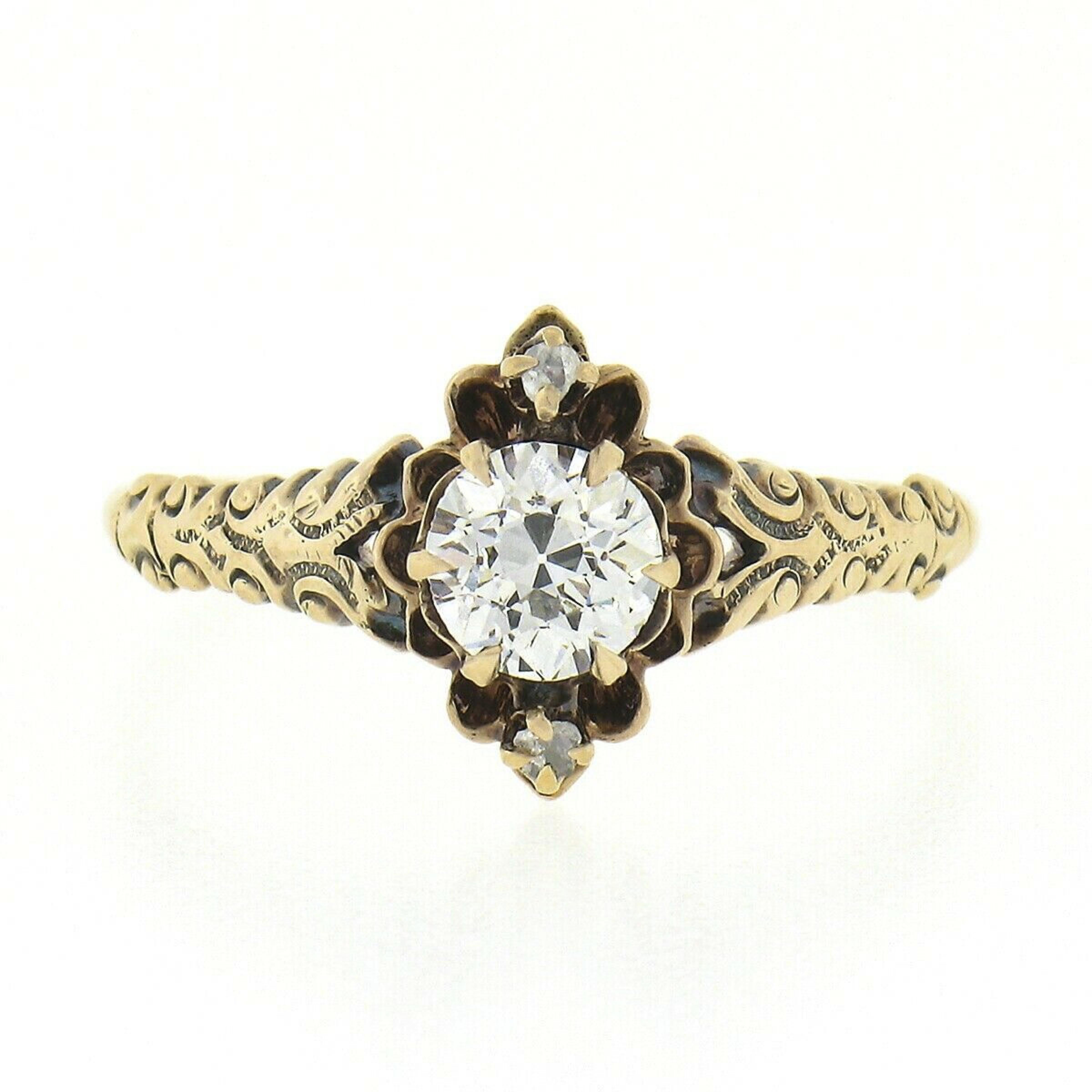 Old European Cut Antique Victorian 14k Gold European Diamond Repousse Domed Sides Engagement Ring