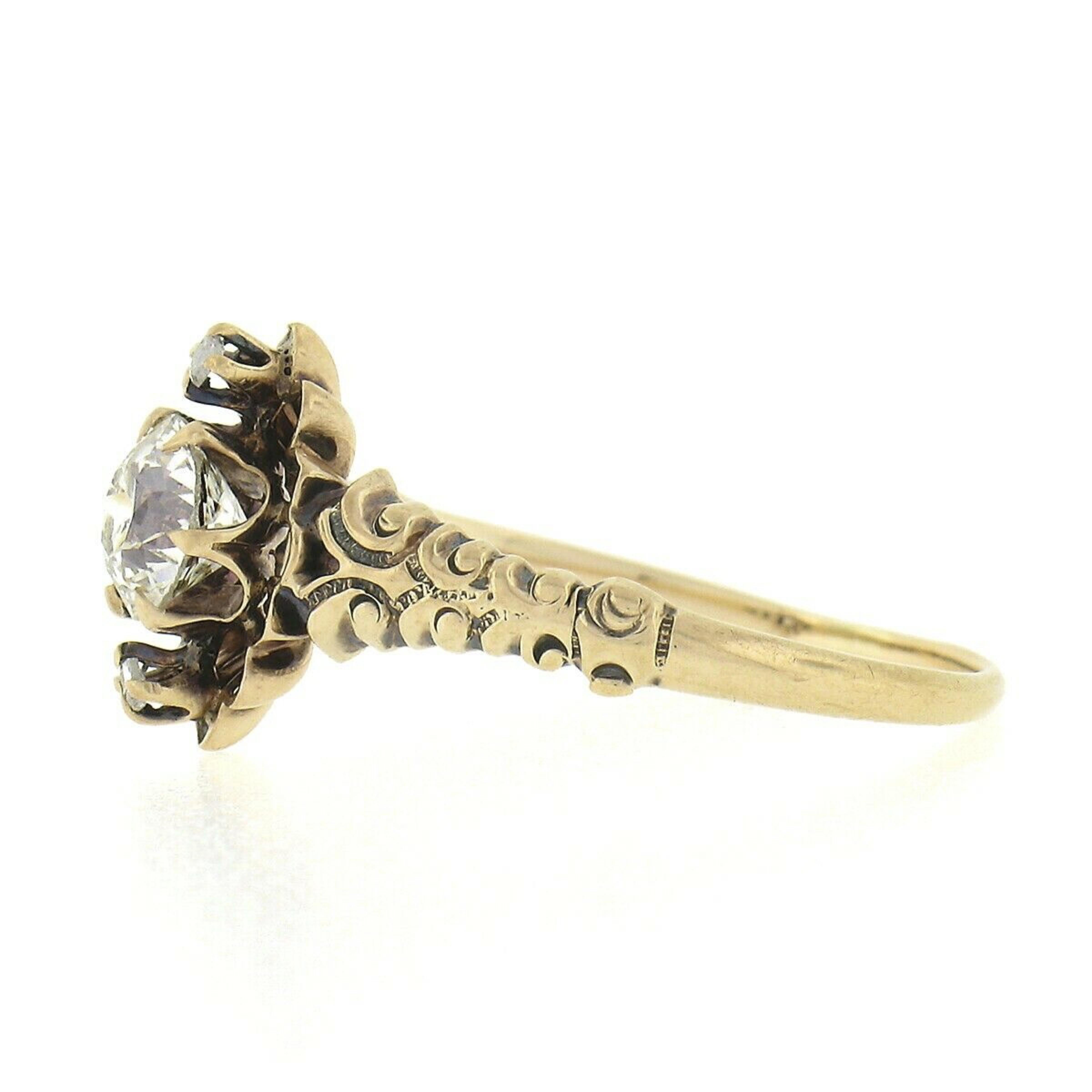 Women's Antique Victorian 14k Gold European Diamond Repousse Domed Sides Engagement Ring