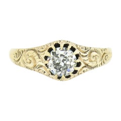 Antique Victorian 14K Gold European Diamond Solitaire Repousse Engagement Ring