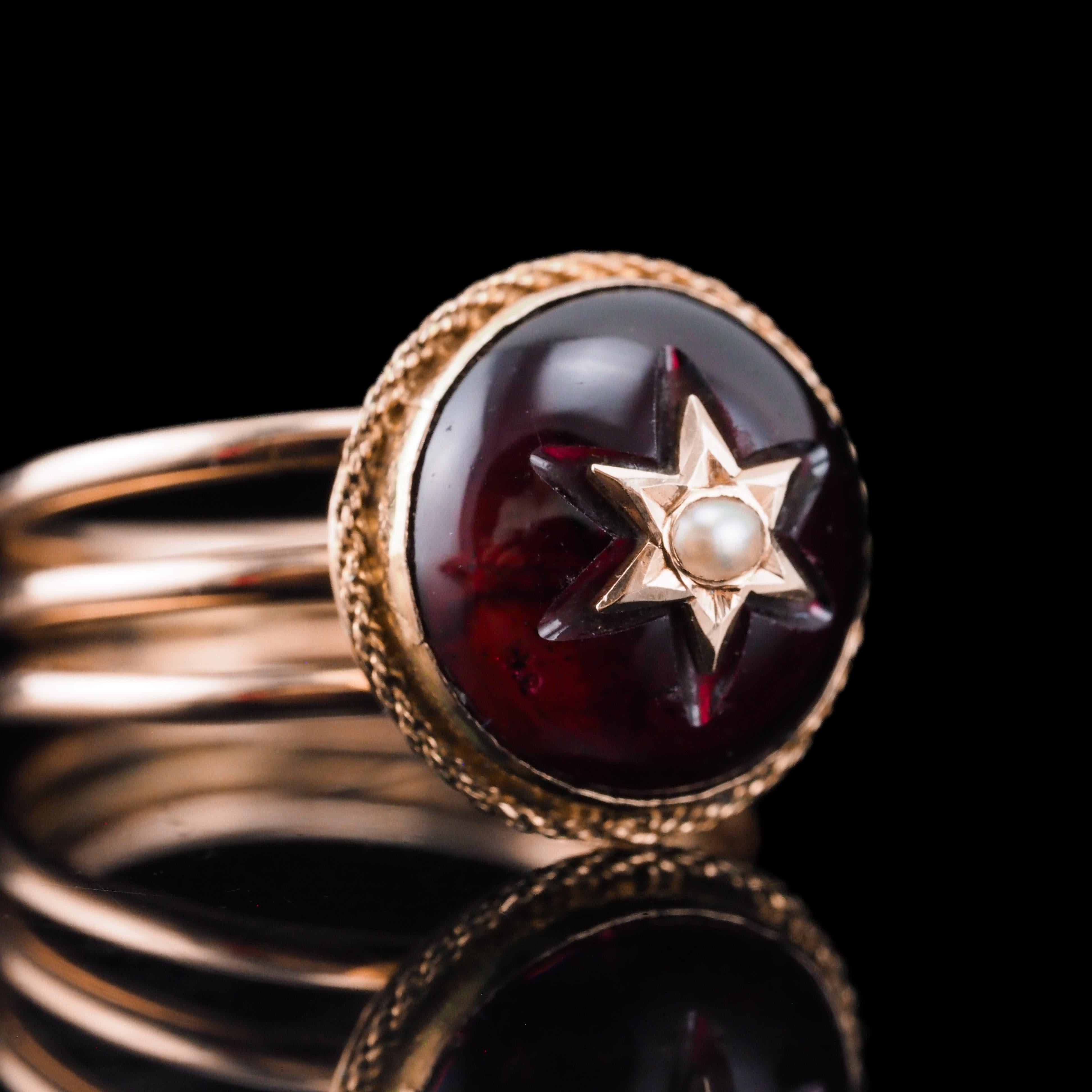 Antique Victorian 14K Gold Garnet Star Cabochon Ring with Seed Pearl - c.1880 For Sale 4
