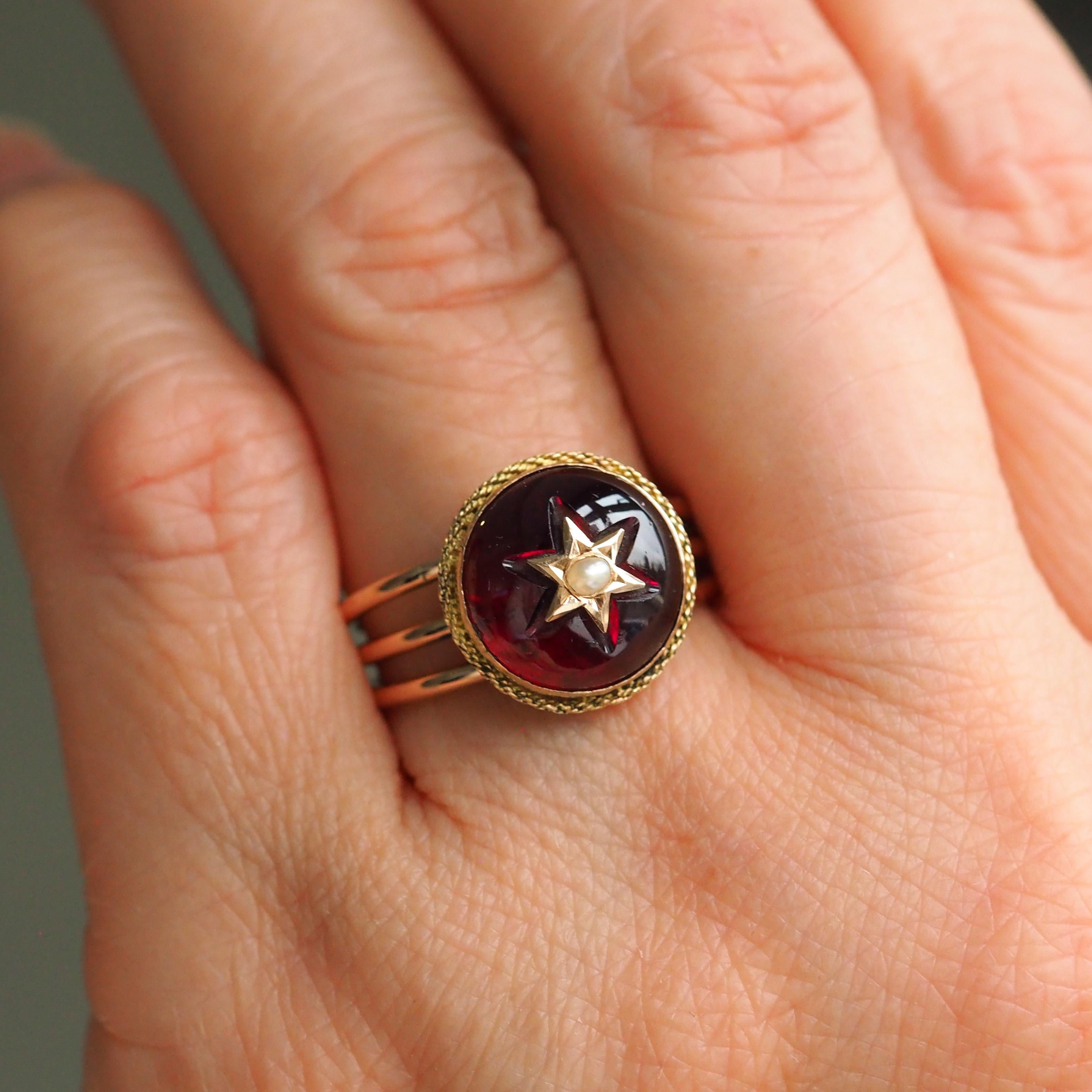 Antique Victorian 14K Gold Garnet Star Cabochon Ring with Seed Pearl - c.1880 For Sale 5
