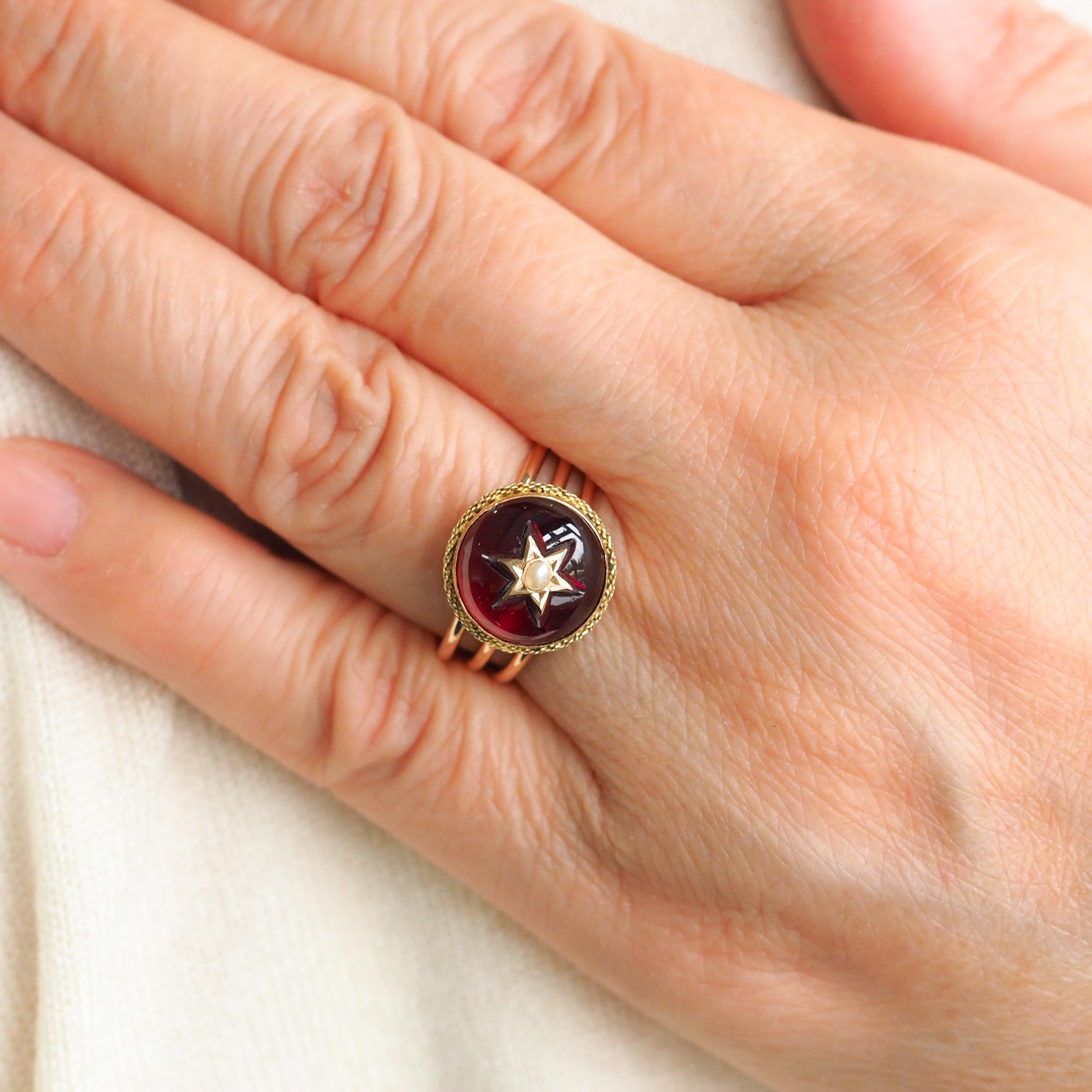 Antique Victorian 14K Gold Garnet Star Cabochon Ring with Seed Pearl - c.1880 For Sale 6