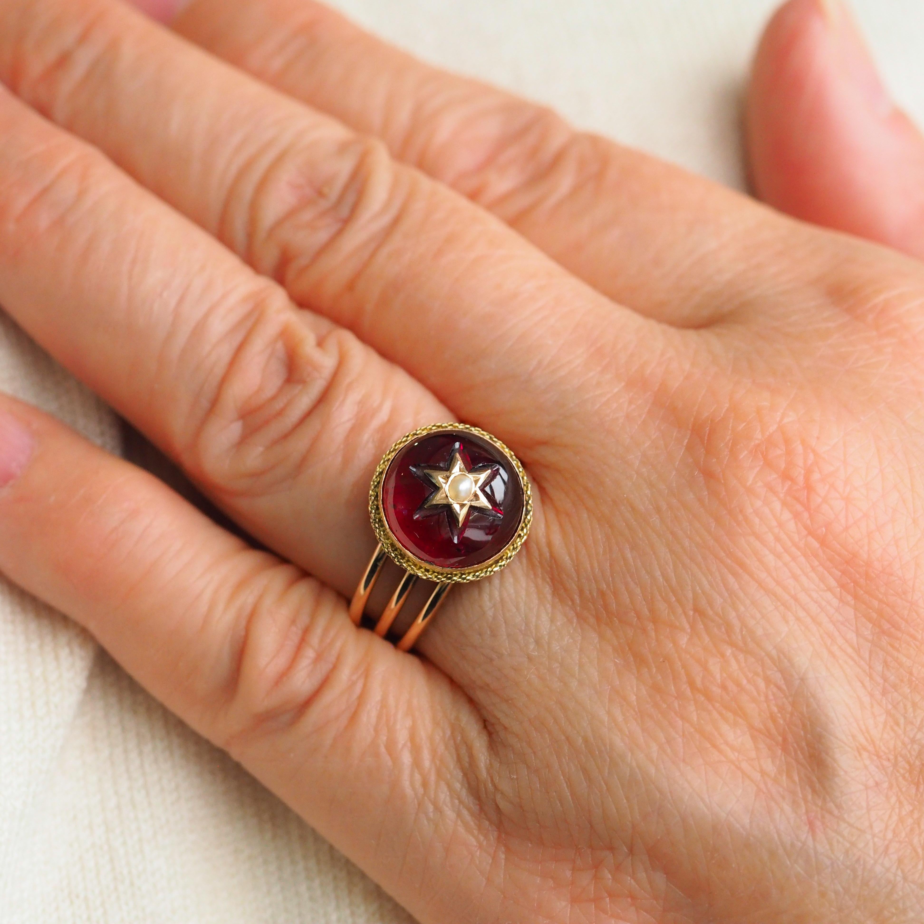 Antique Victorian 14K Gold Garnet Star Cabochon Ring with Seed Pearl - c.1880 For Sale 7