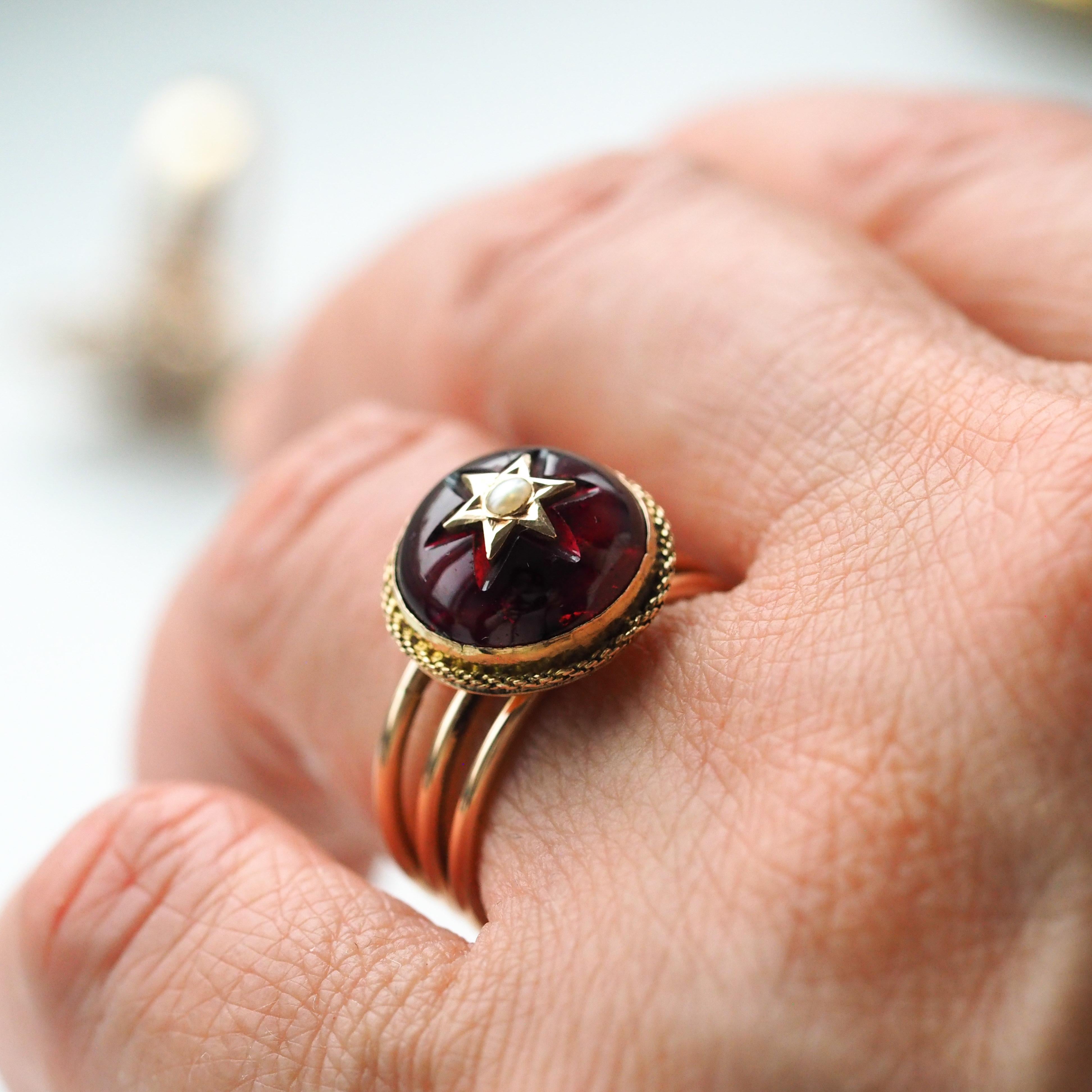 Antique Victorian 14K Gold Garnet Star Cabochon Ring with Seed Pearl - c.1880 For Sale 9