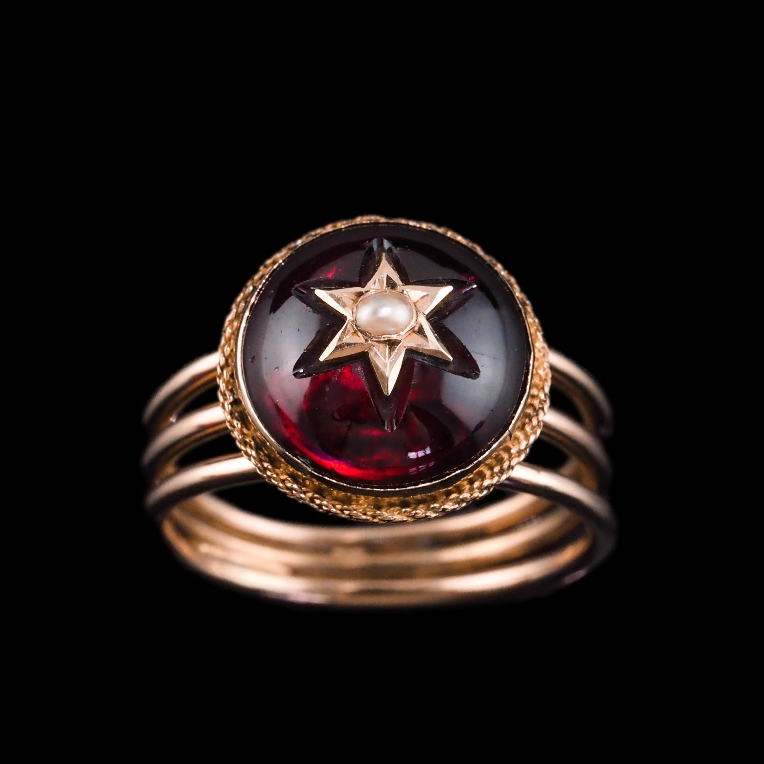 Women's or Men's Antique Victorian 14K Gold Garnet Star Cabochon Ring with Seed Pearl - c.1880 For Sale