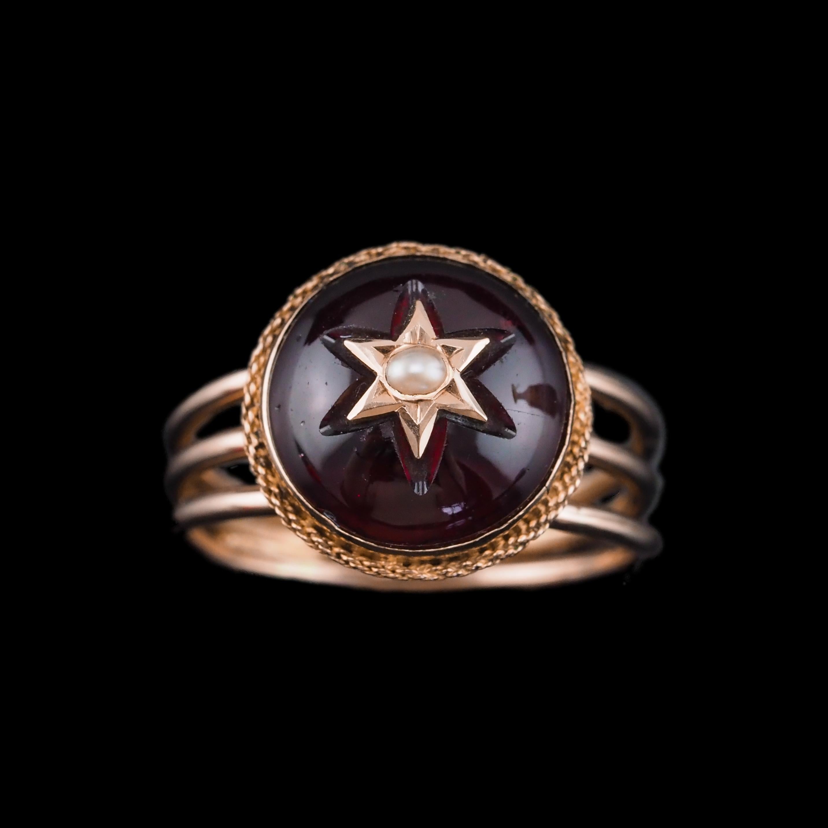 Antique Victorian 14K Gold Garnet Star Cabochon Ring with Seed Pearl - c.1880 For Sale 1