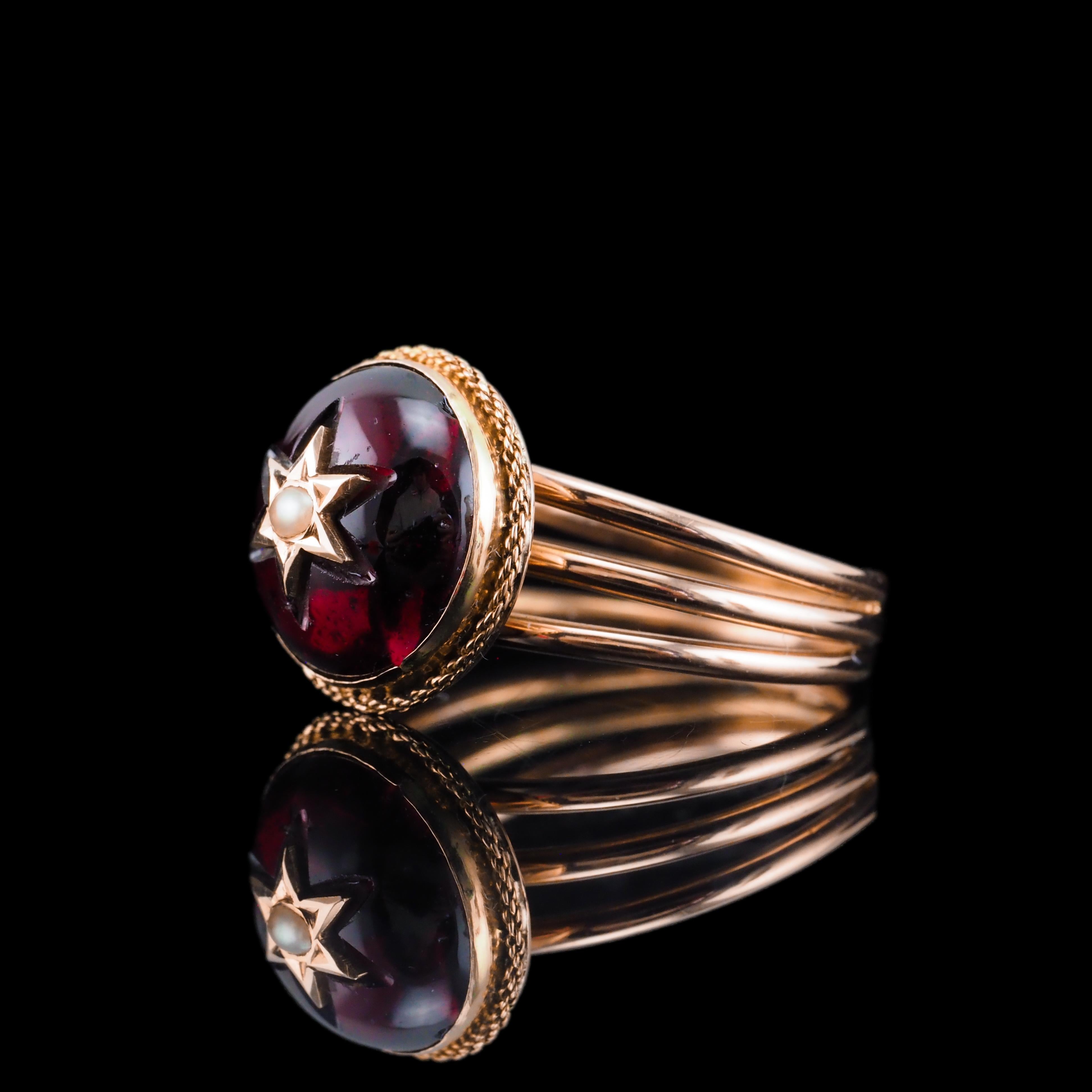 Antique Victorian 14K Gold Garnet Star Cabochon Ring with Seed Pearl - c.1880 For Sale 3