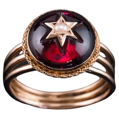 Antique Victorian 14K Gold Garnet Star Cabochon Ring with Seed Pearl - c.1880