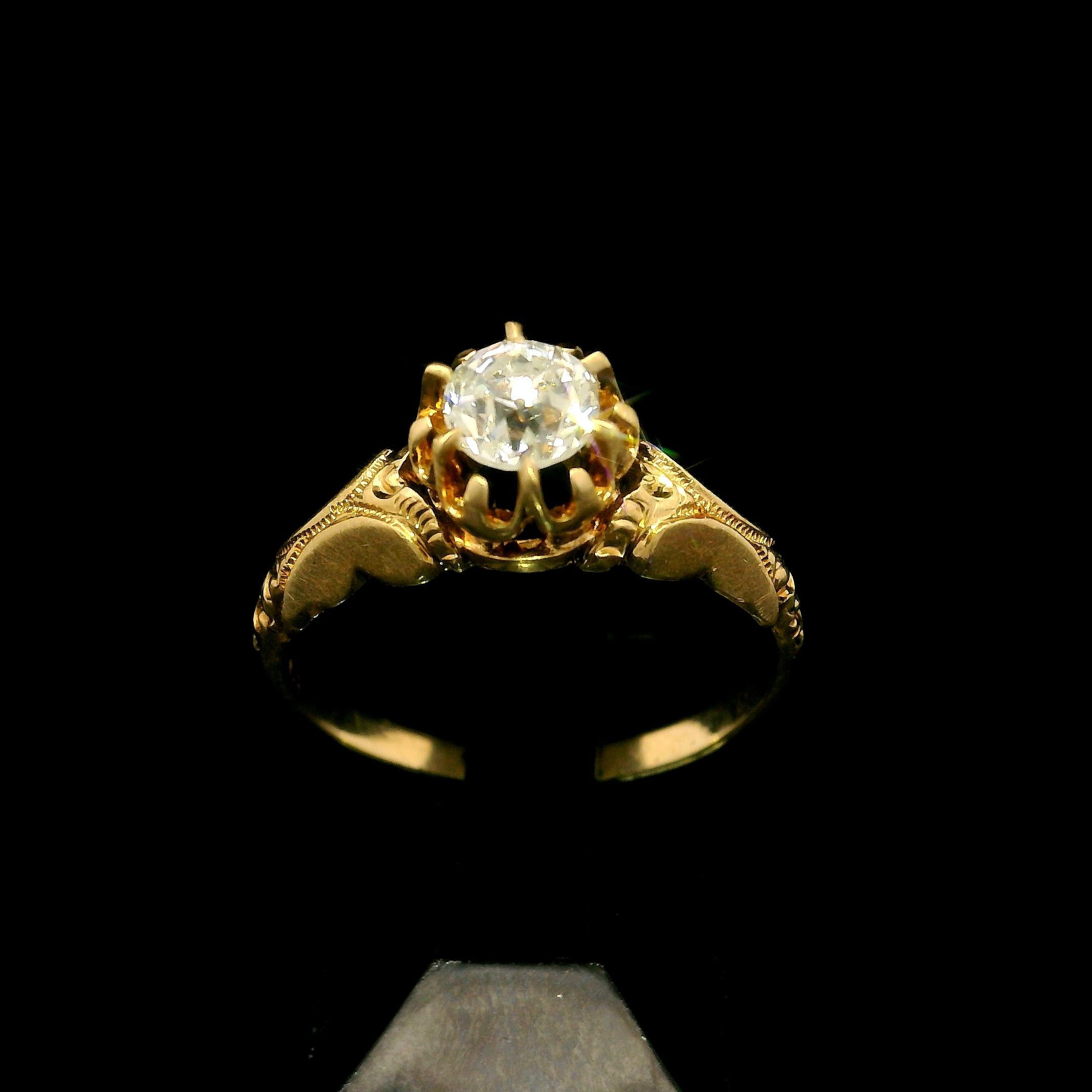 Antique Victorian 14k Gold Gia .50ct Diamond Repousse Scroll Work Solitaire Ring For Sale 5