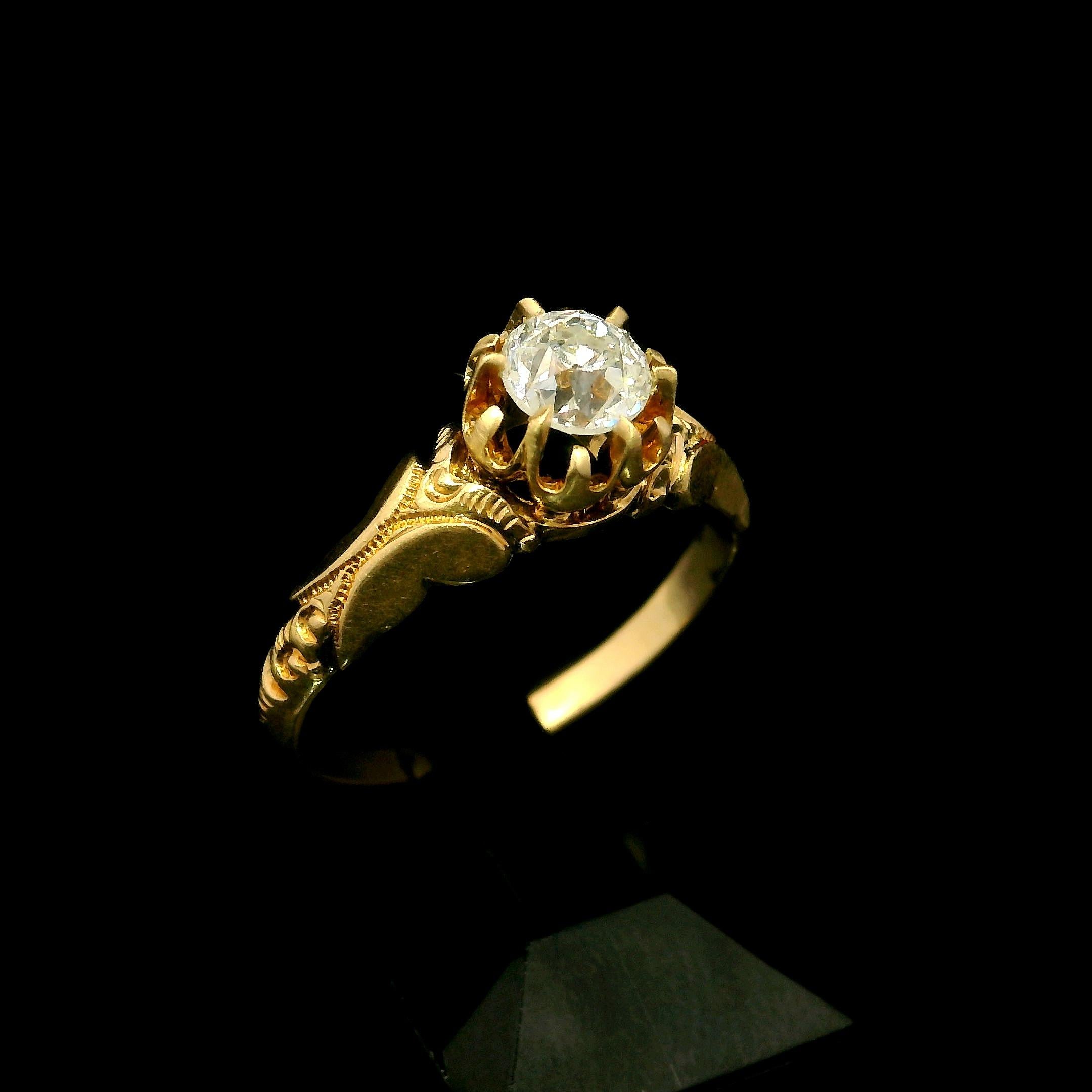 Antique Victorian 14k Gold Gia .50ct Diamond Repousse Scroll Work Solitaire Ring For Sale 6
