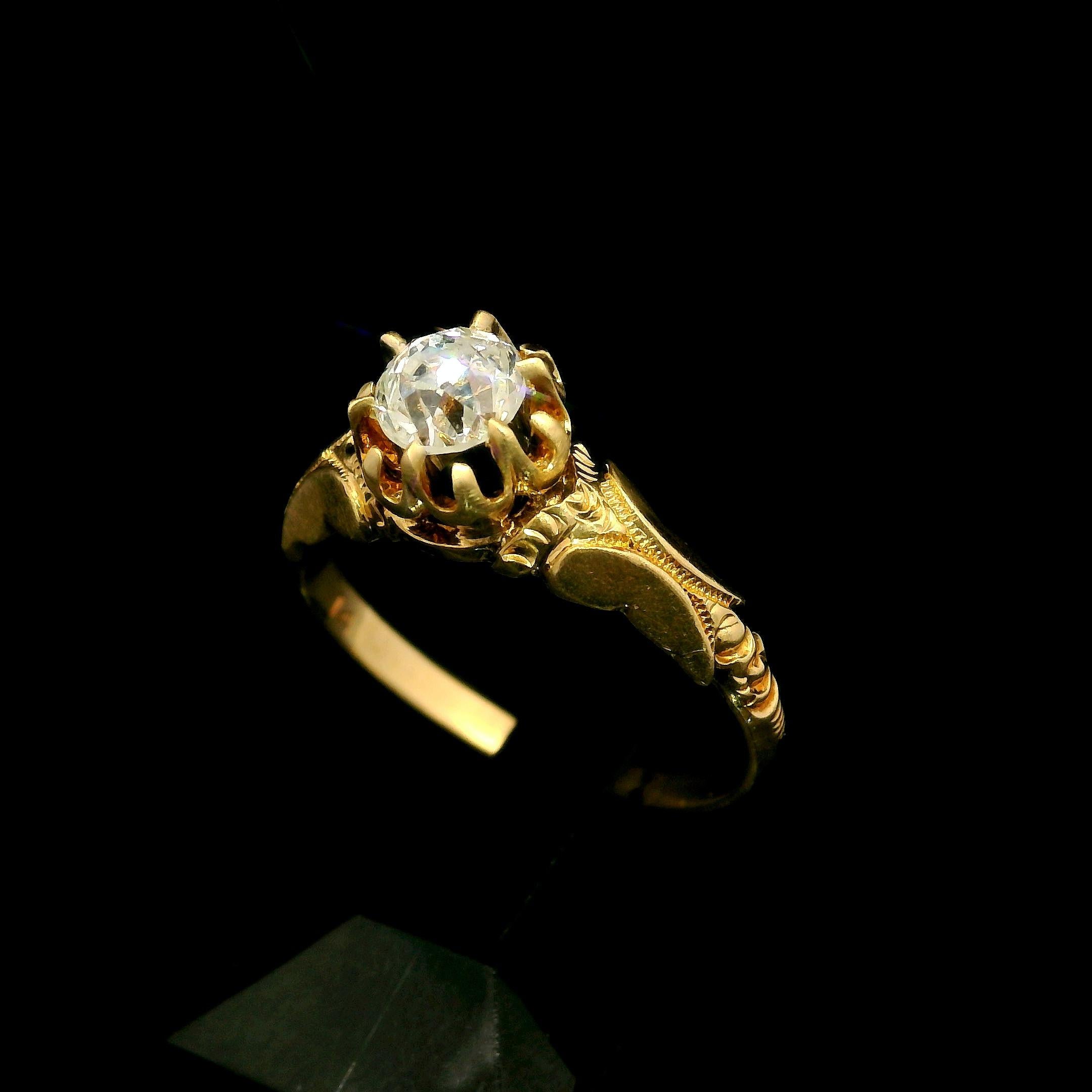 Antique Victorian 14k Gold Gia .50ct Diamond Repousse Scroll Work Solitaire Ring For Sale 8
