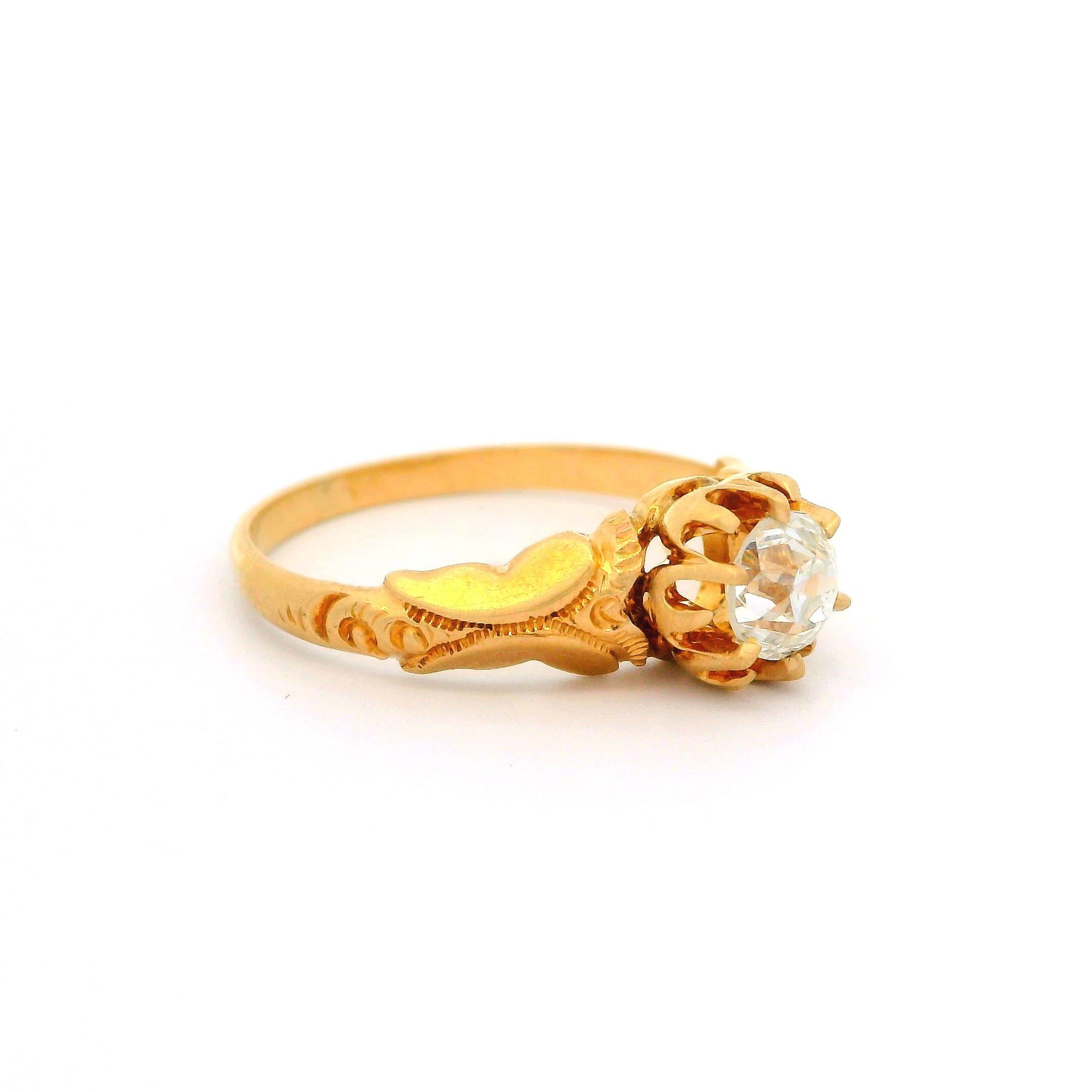 -- Stone(s) --
(1) Natural Genuine Diamond - Old European Cut - Multi Prong Set - F Color - SI1 Clarity - 0.50ct (exact, certified) * See Certification Details Below*
Total Carat Weight: 0.50 (exact)

Material: Solid 14k Yellow Gold
Weight: 2.32