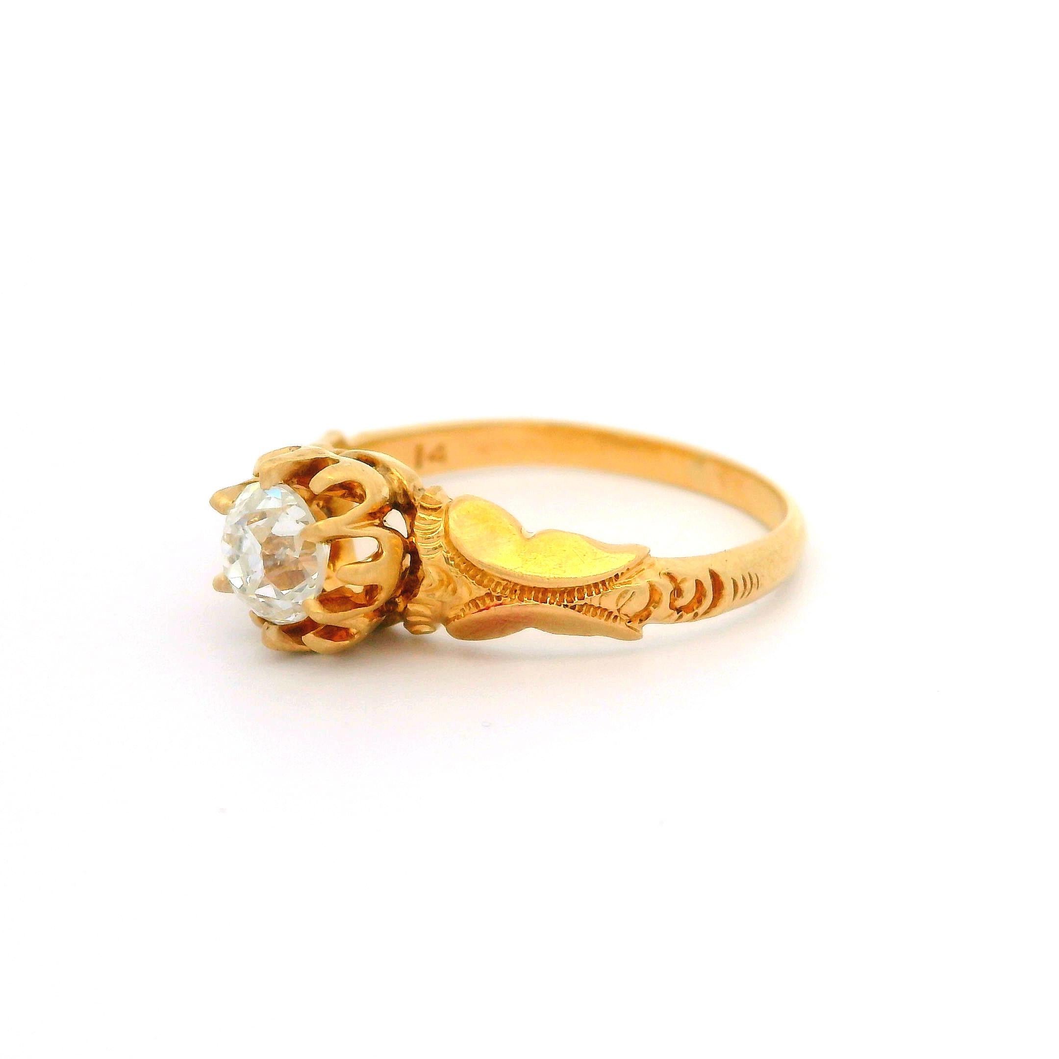 Old European Cut Antique Victorian 14k Gold Gia .50ct Diamond Repousse Scroll Work Solitaire Ring For Sale