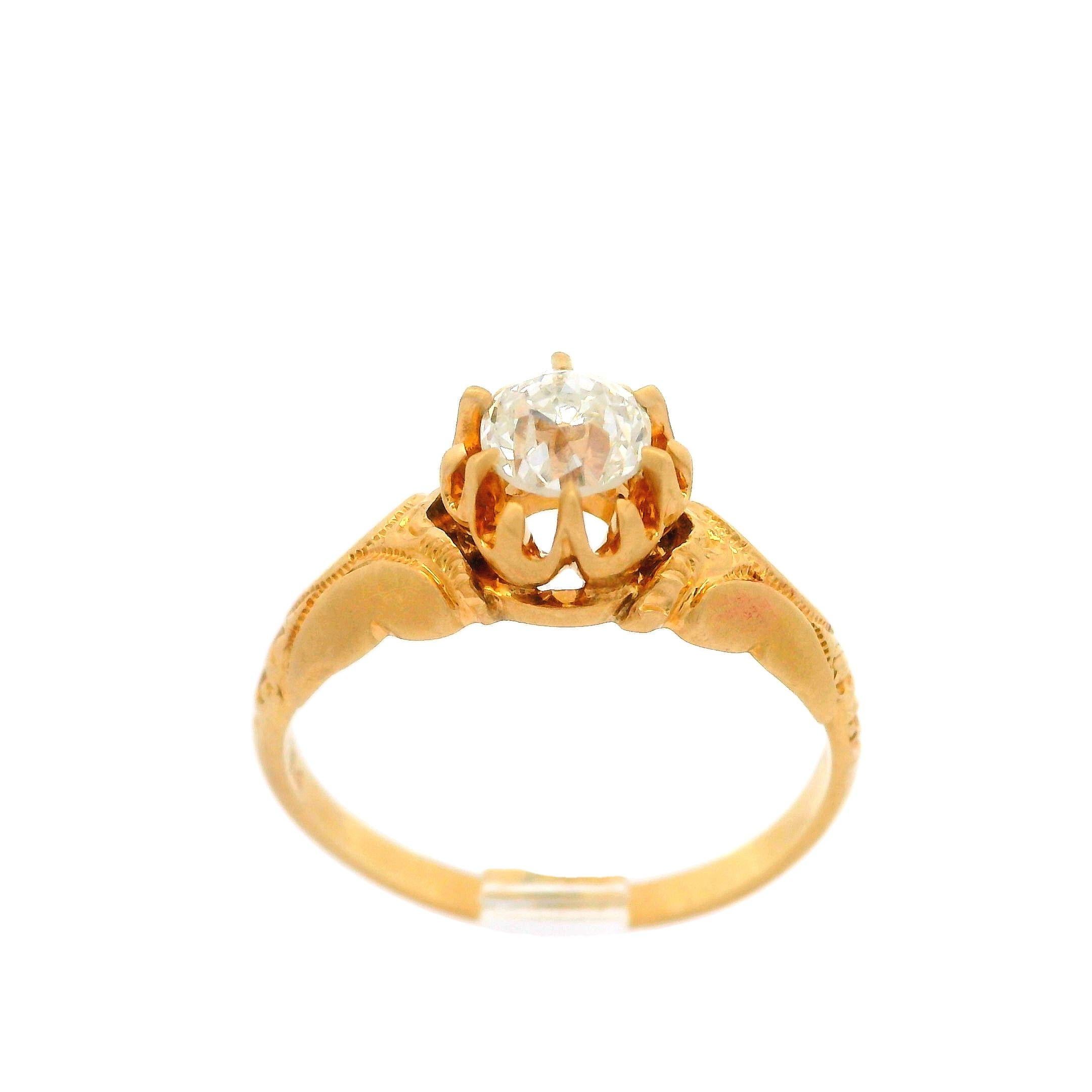 Antique Victorian 14k Gold Gia .50ct Diamond Repousse Scroll Work Solitaire Ring In Excellent Condition For Sale In Montclair, NJ