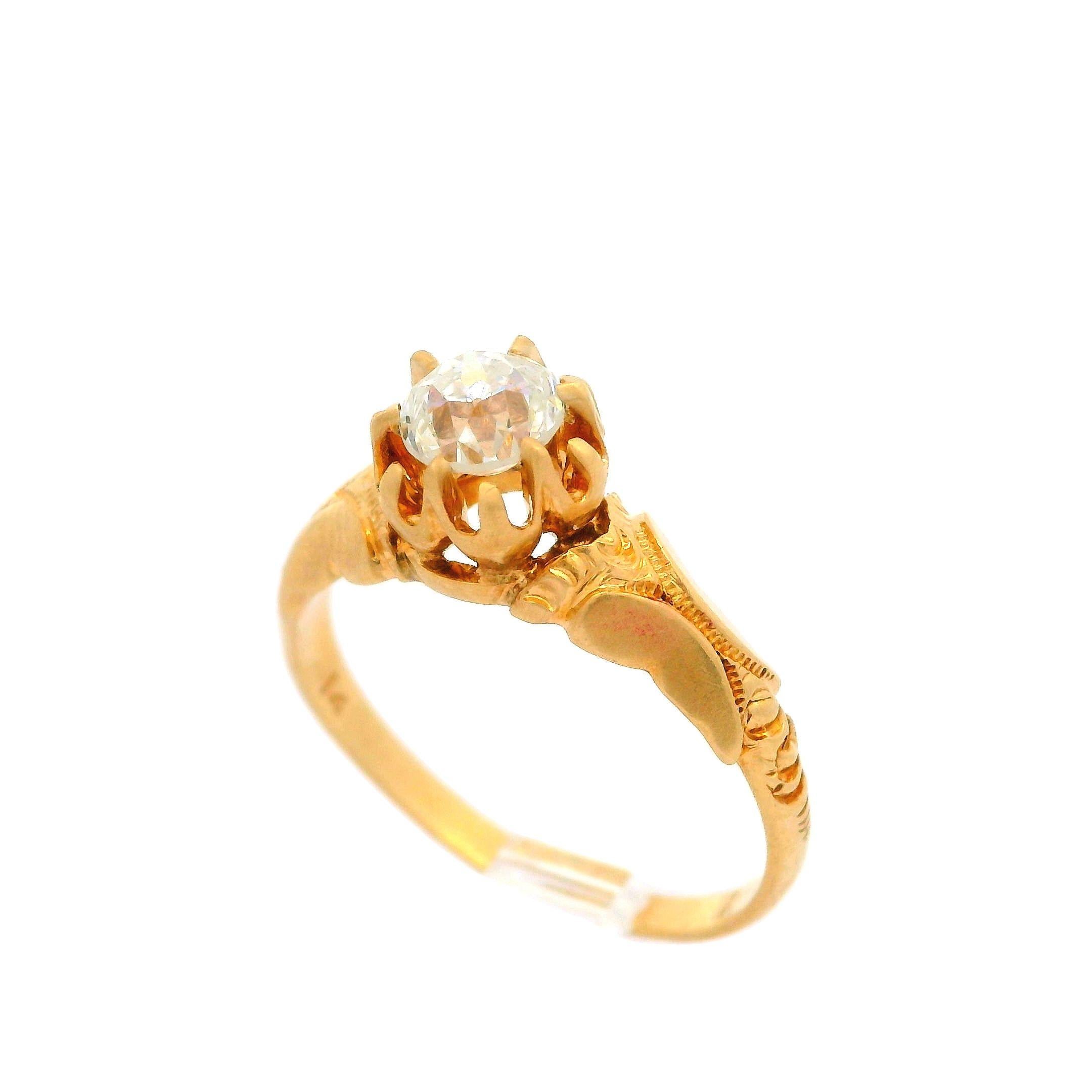 Antique Victorian 14k Gold Gia .50ct Diamond Repousse Scroll Work Solitaire Ring For Sale 1