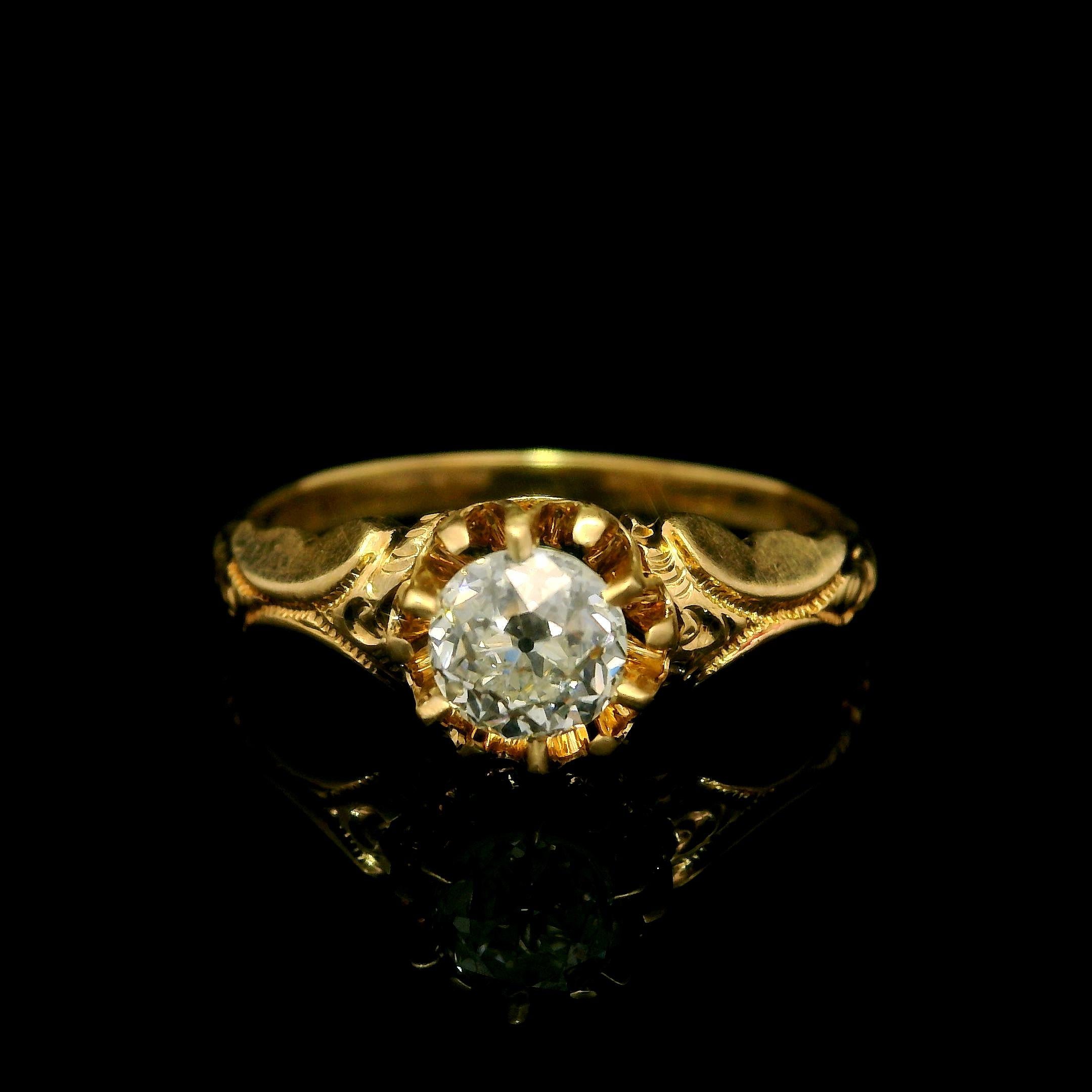 Antique Victorian 14k Gold Gia .50ct Diamond Repousse Scroll Work Solitaire Ring For Sale 3