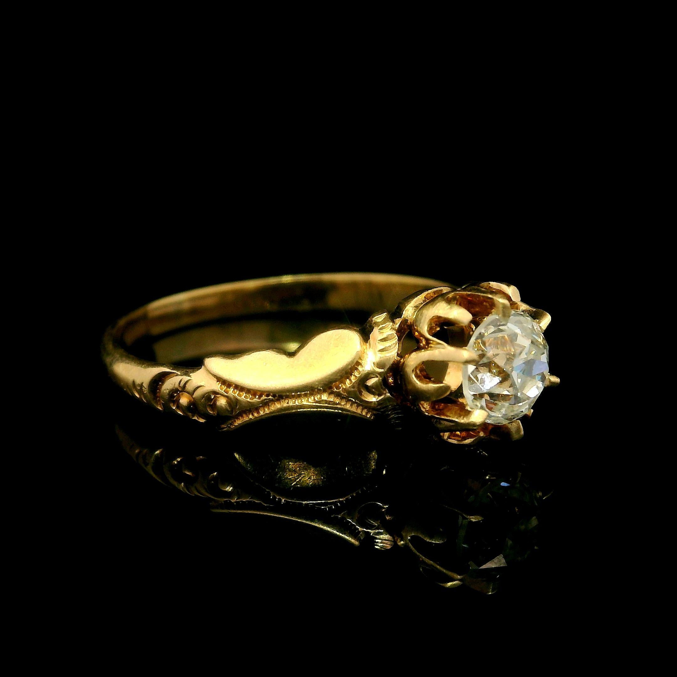 Antique Victorian 14k Gold Gia .50ct Diamond Repousse Scroll Work Solitaire Ring For Sale 4