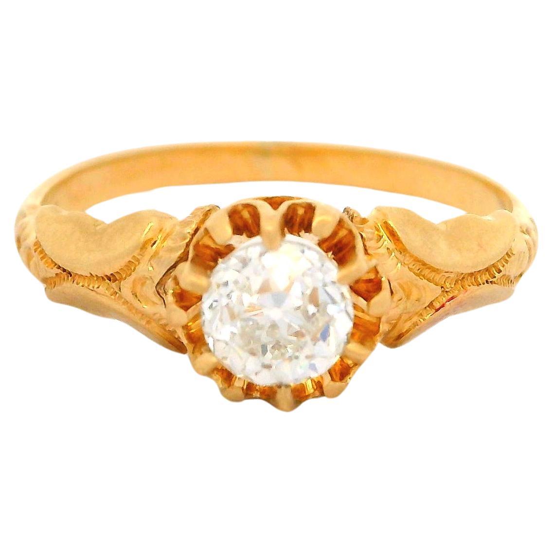 Antique Victorian 14k Gold Gia .50ct Diamond Repousse Scroll Work Solitaire Ring For Sale