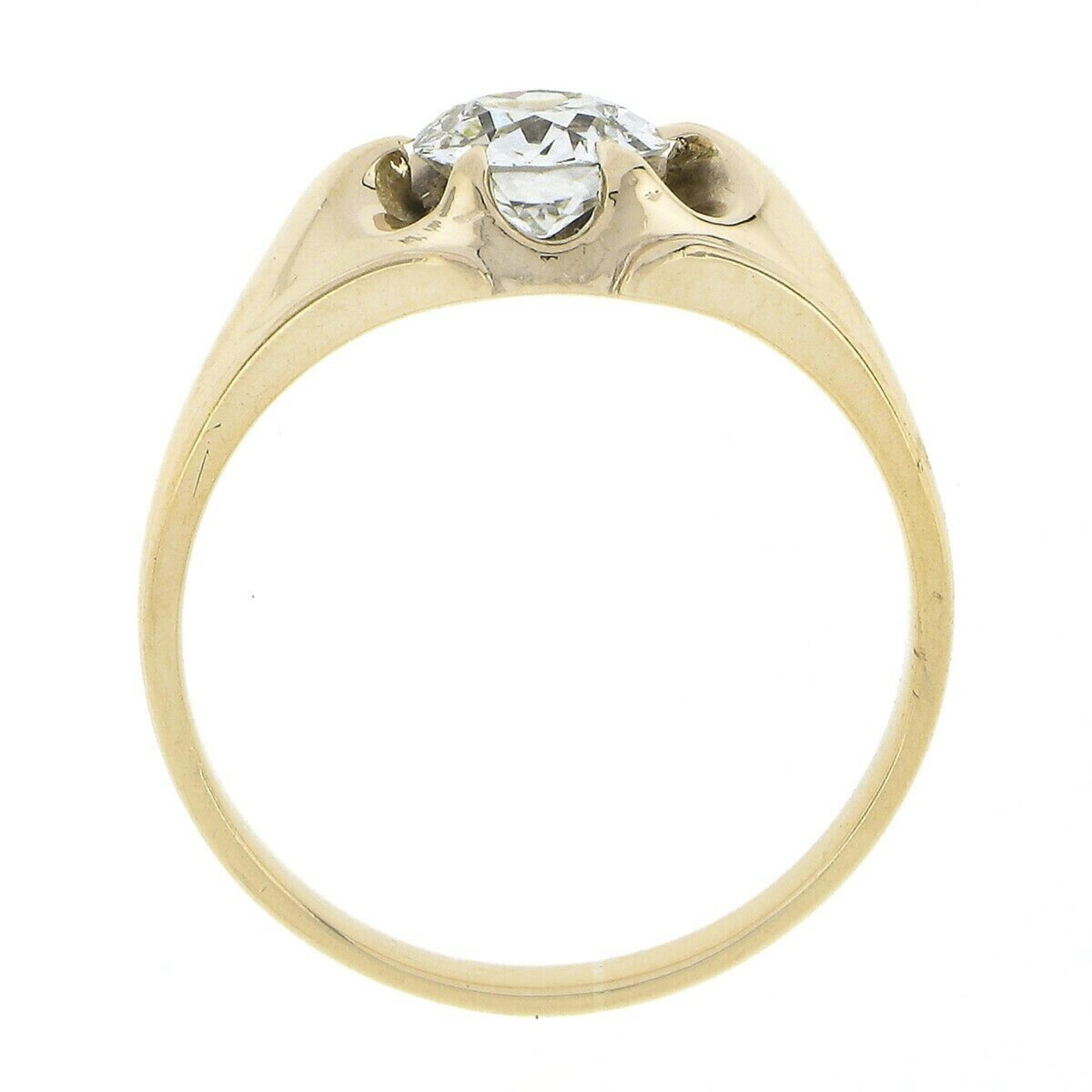 Women's Antique Victorian 14k Gold GIA Belcher Set European Diamond Solitaire Band Ring For Sale