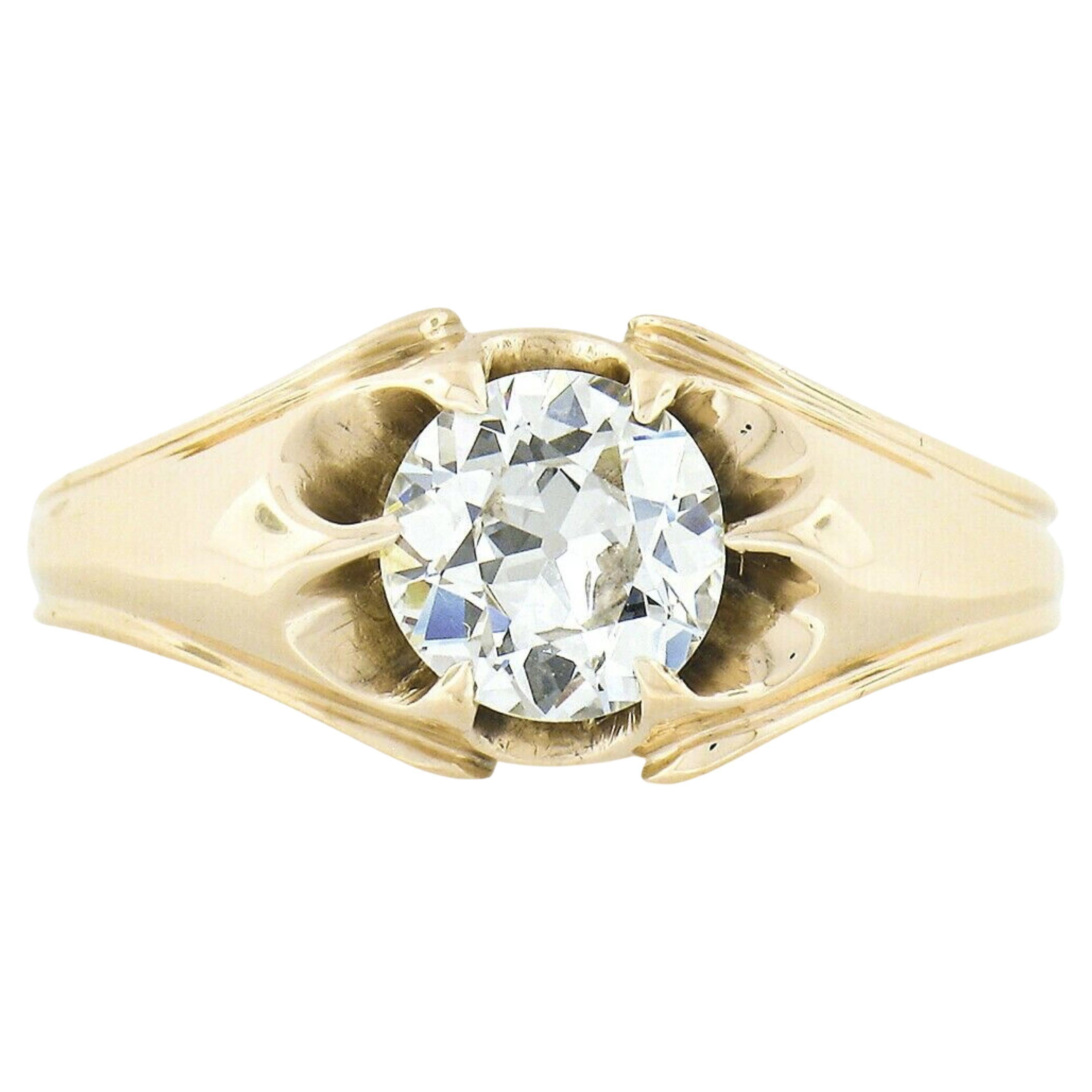 Antiker viktorianischer 14k Gold GIA Belcher Set europäischer Diamant Solitär Band Ring