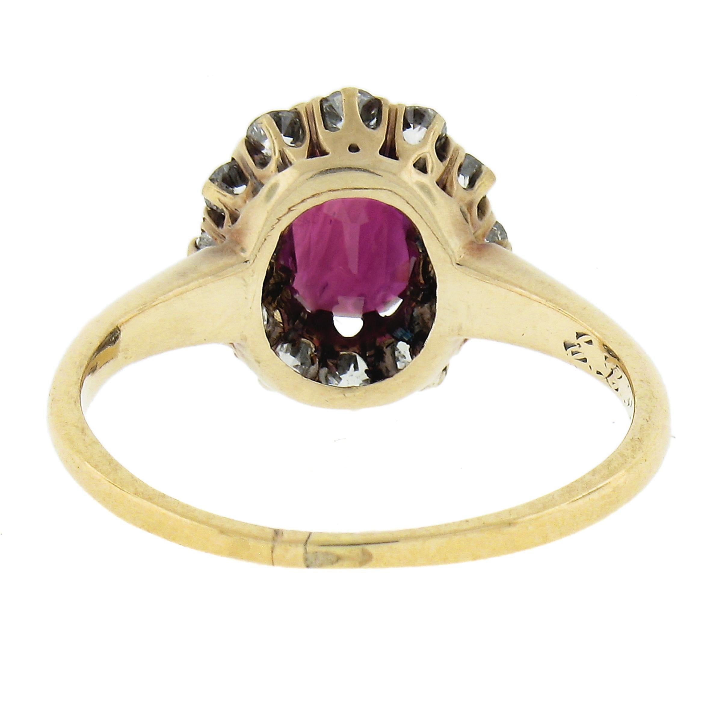 Antique Victorian 14k Gold GIA NO HEAT Oval BURMA Red Ruby & Diamond Halo Ring For Sale 1