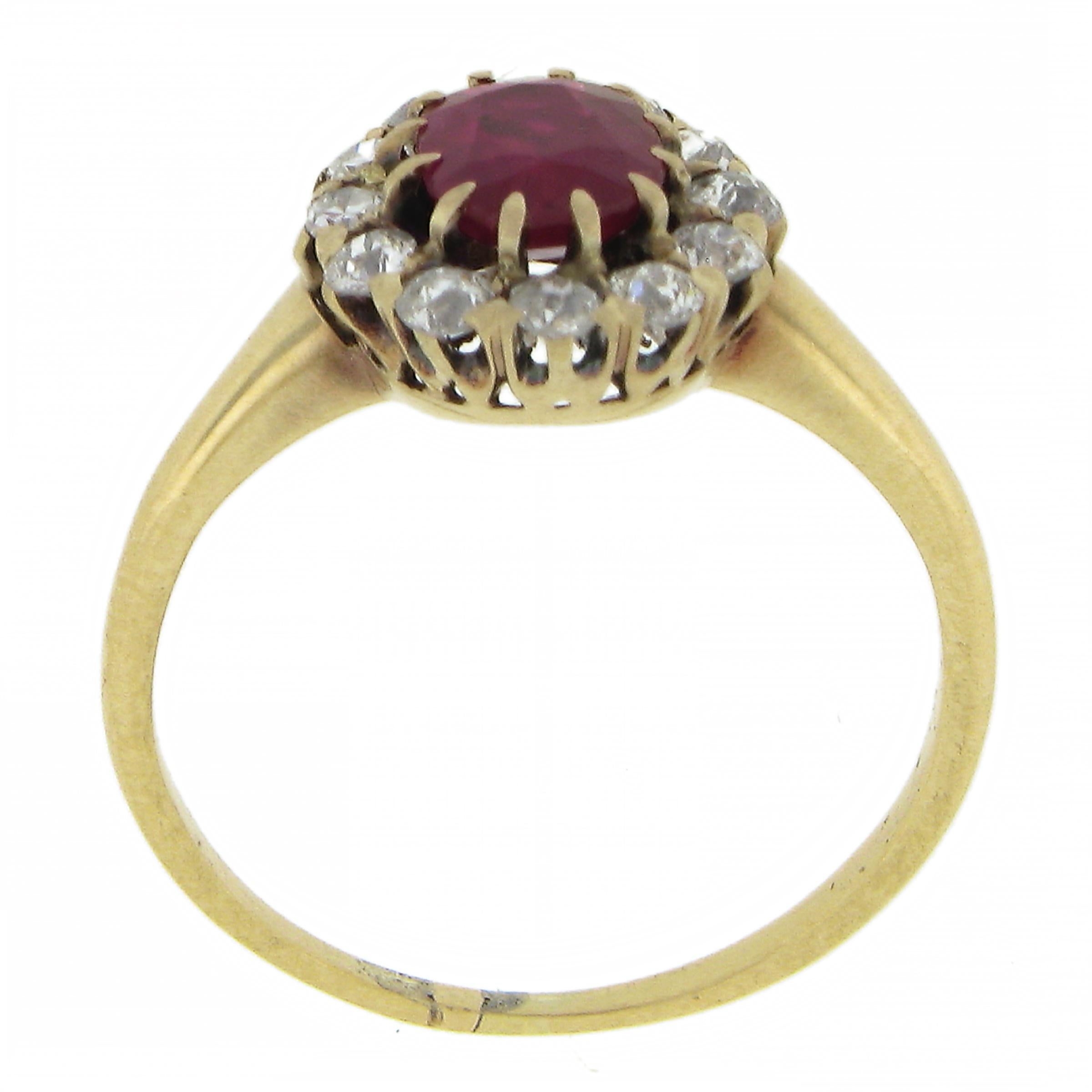 Antique Victorian 14k Gold GIA NO HEAT Oval BURMA Red Ruby & Diamond Halo Ring For Sale 2