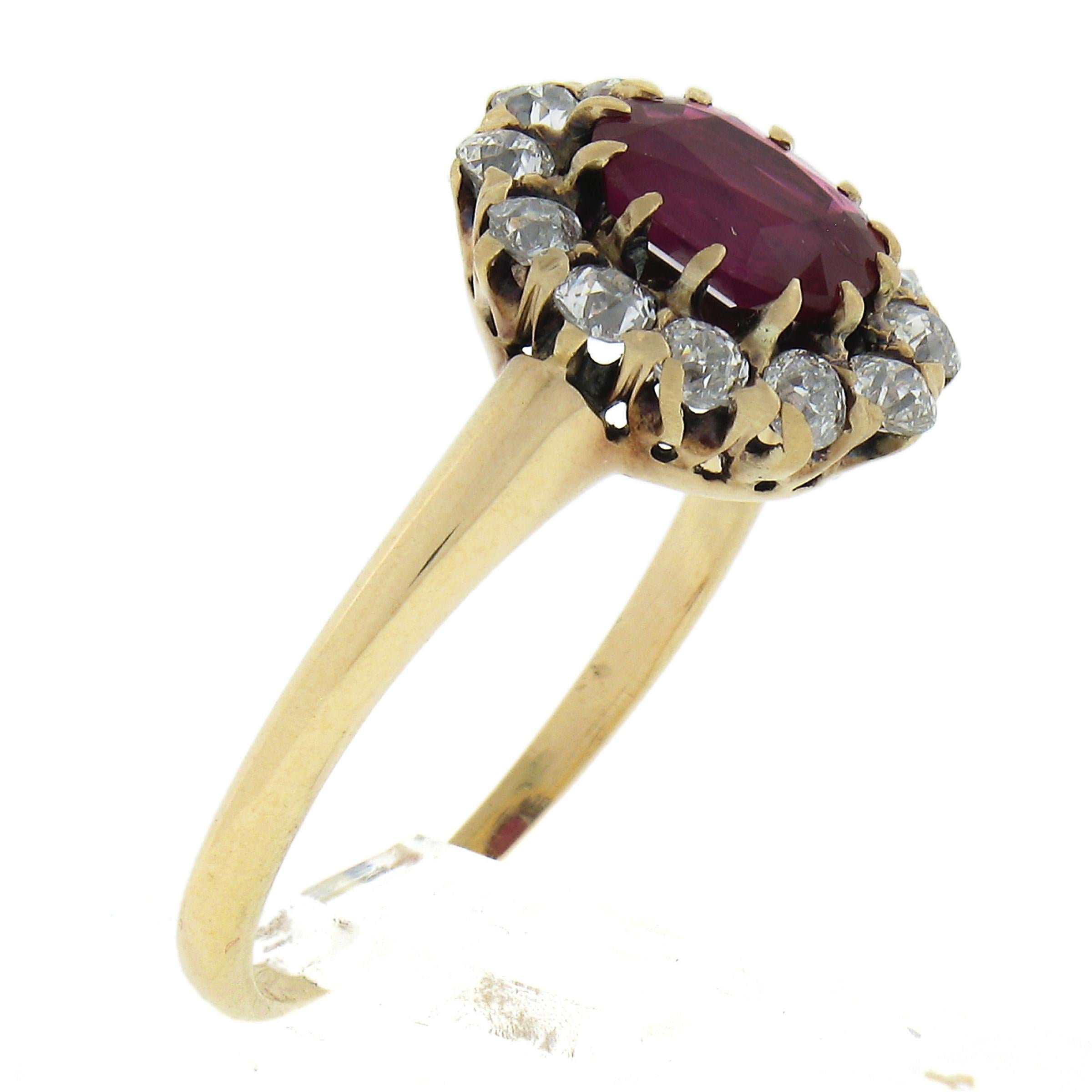 Antique Victorian 14k Gold GIA NO HEAT Oval BURMA Red Ruby & Diamond Halo Ring For Sale 3
