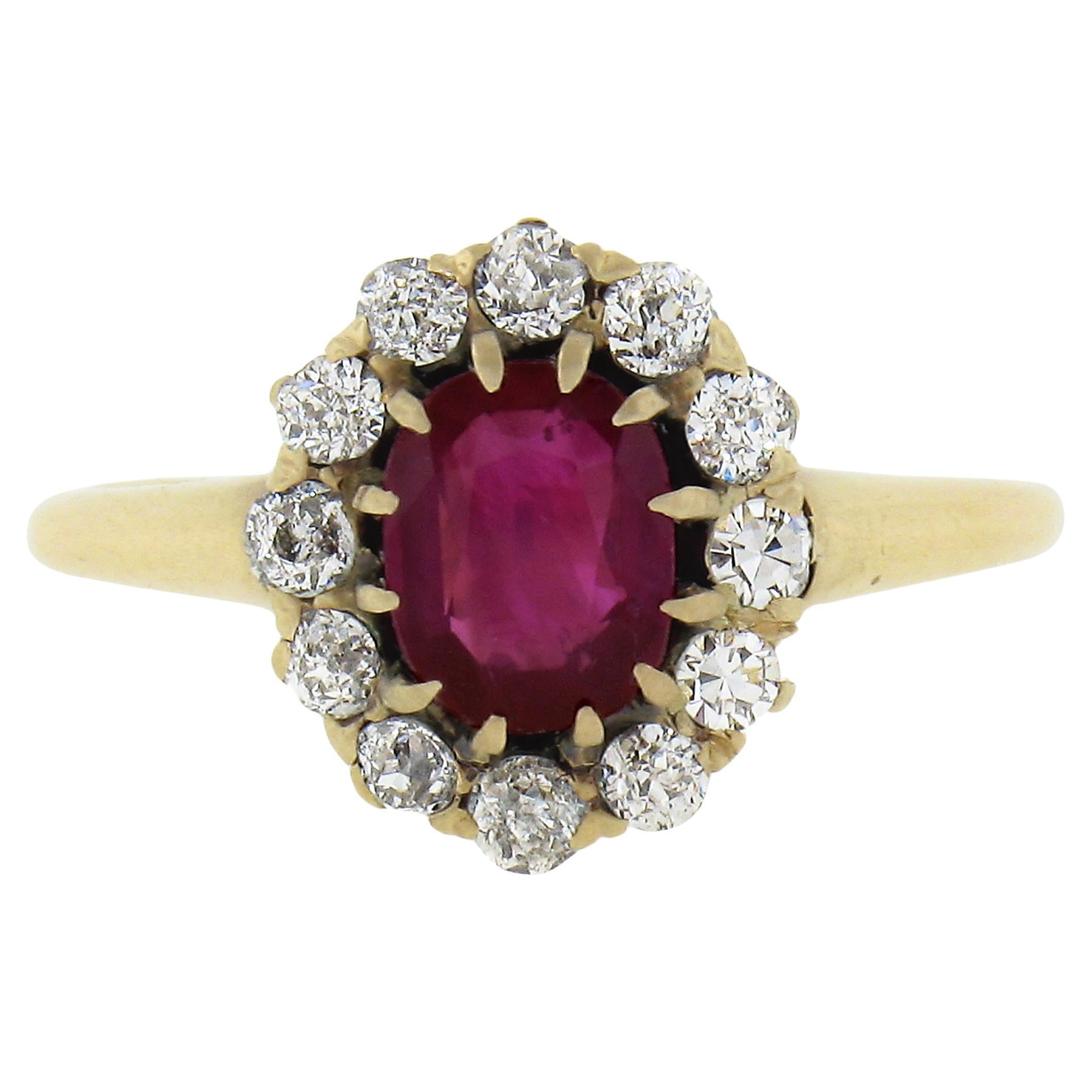 Antique Victorian 14k Gold GIA NO HEAT Oval BURMA Red Ruby & Diamond Halo Ring For Sale