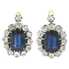 Antique Victorian 14K Gold GIA No Heat Oval Sapphire Diamond Halo Drop Earrings