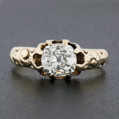 Antique Victorian 14k Gold GIA Old Mine Diamond Belcher Set Solitaire Band Ring
